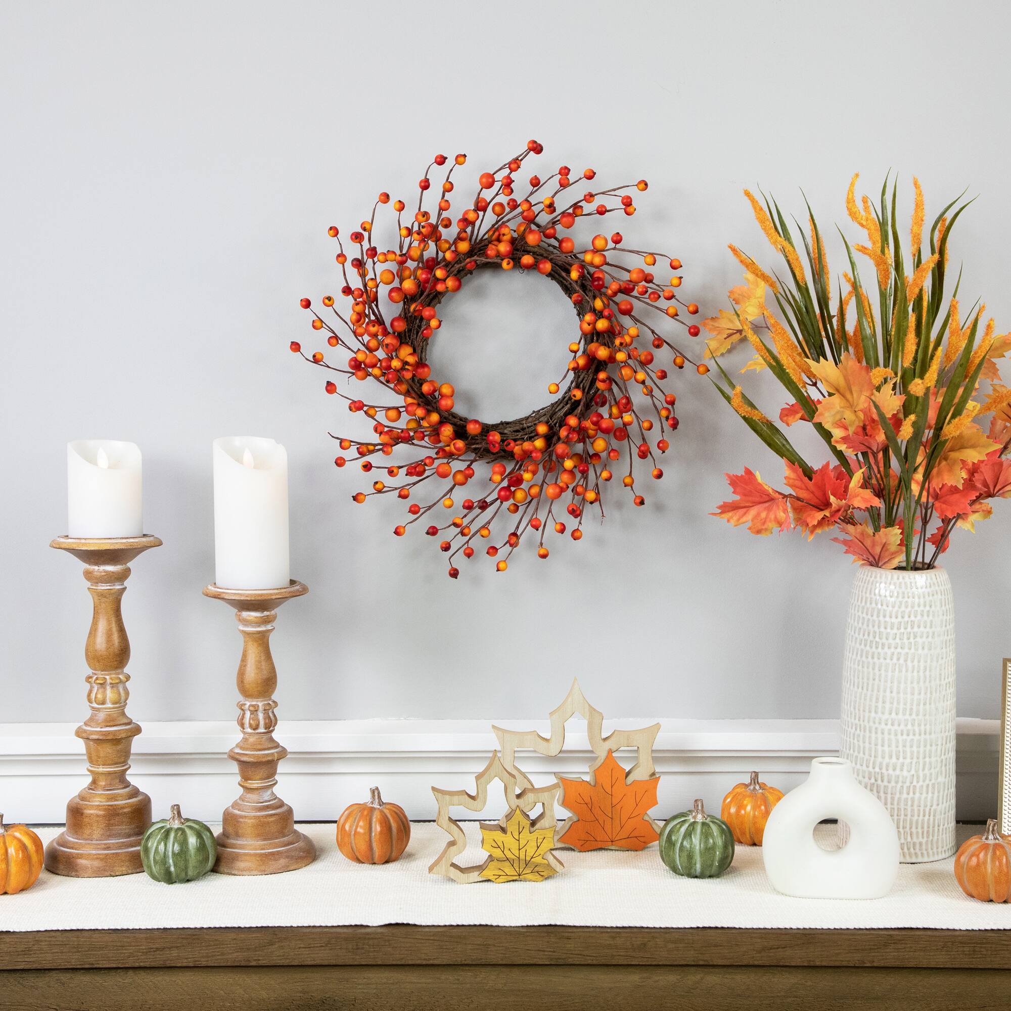 14" Unlit Autumn Harvest Artificial Orange & Red Berry Wreath