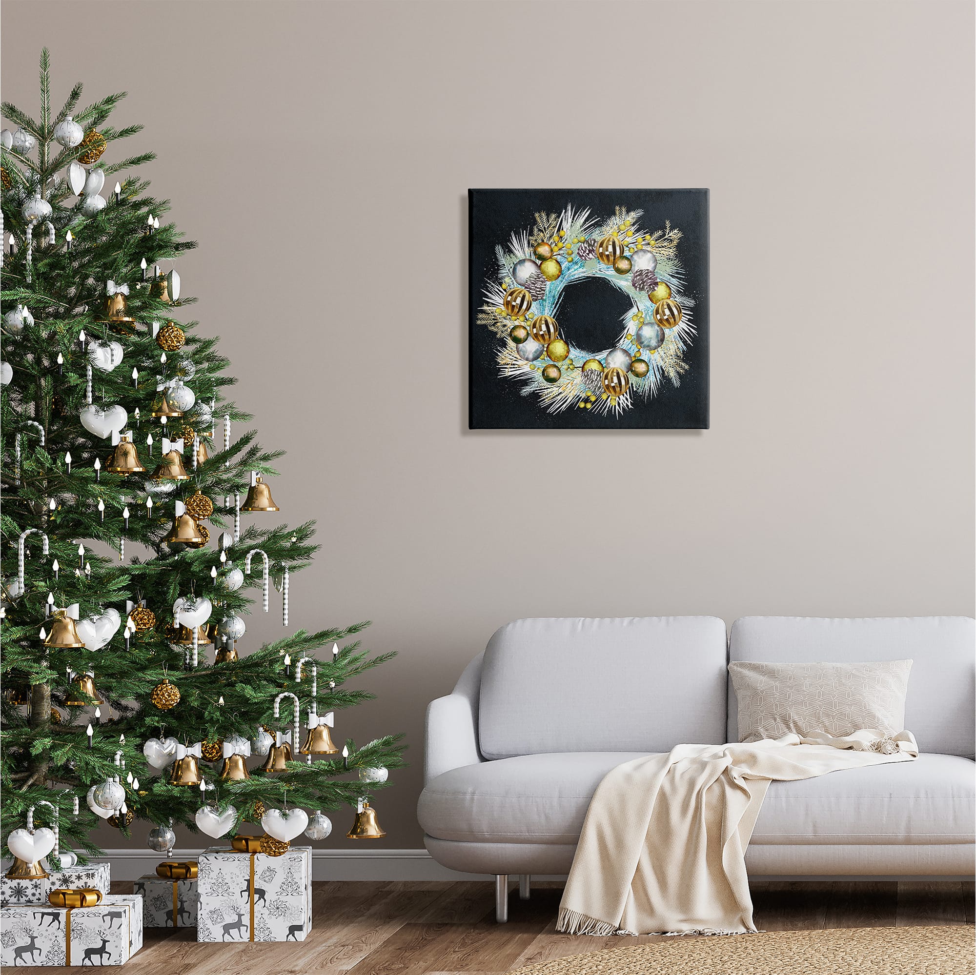 Stupell Industries Gleaming Seasonal Pine Wreath Canvas Wall Art