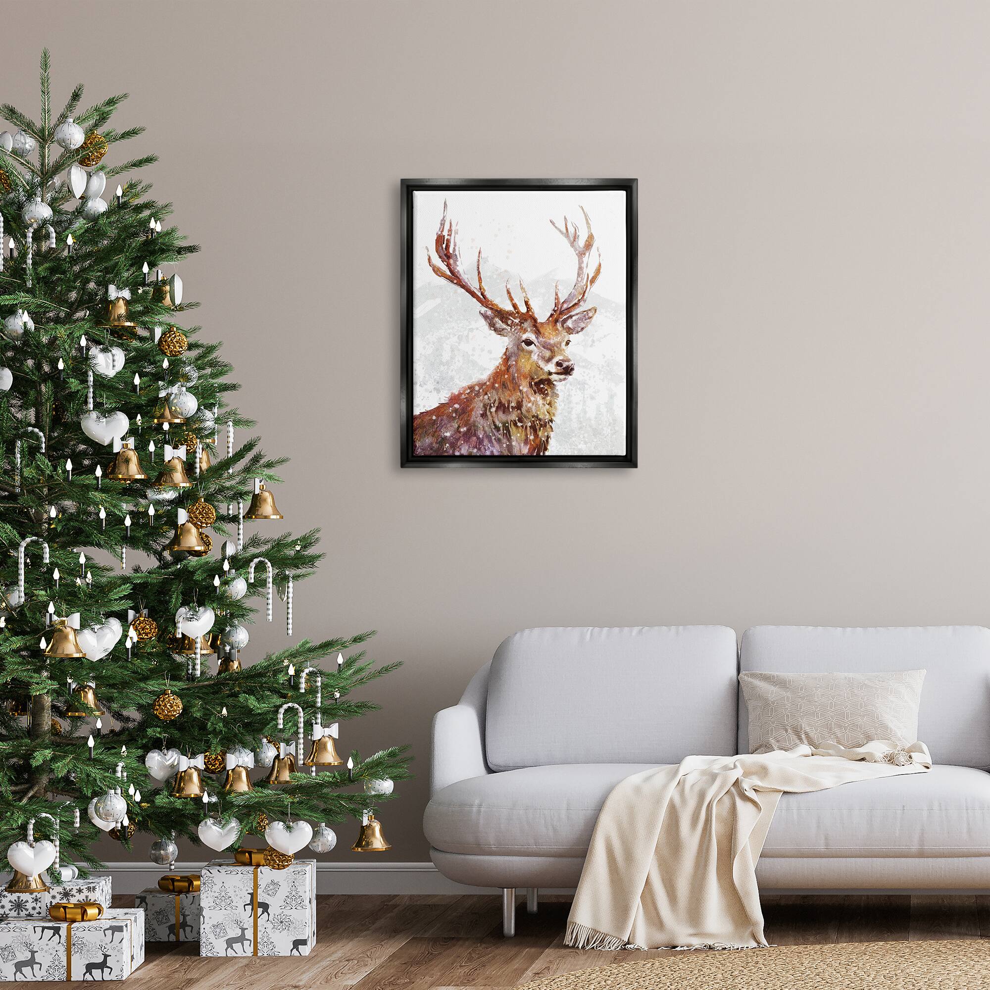 Stupell Industries Winter Deer Mountain Snowfall Framed Floater Canvas Wall Art