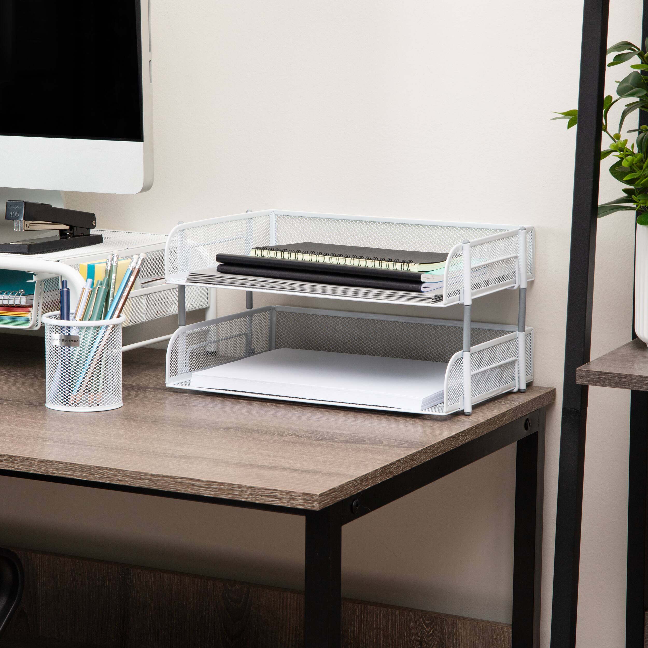 Mind Reader Stackable Paper Tray, Desktop Organizer, File Storage, Office, Metal Mesh, 13.5"L x 10"W x 7.25"H, 2 Pcs., White