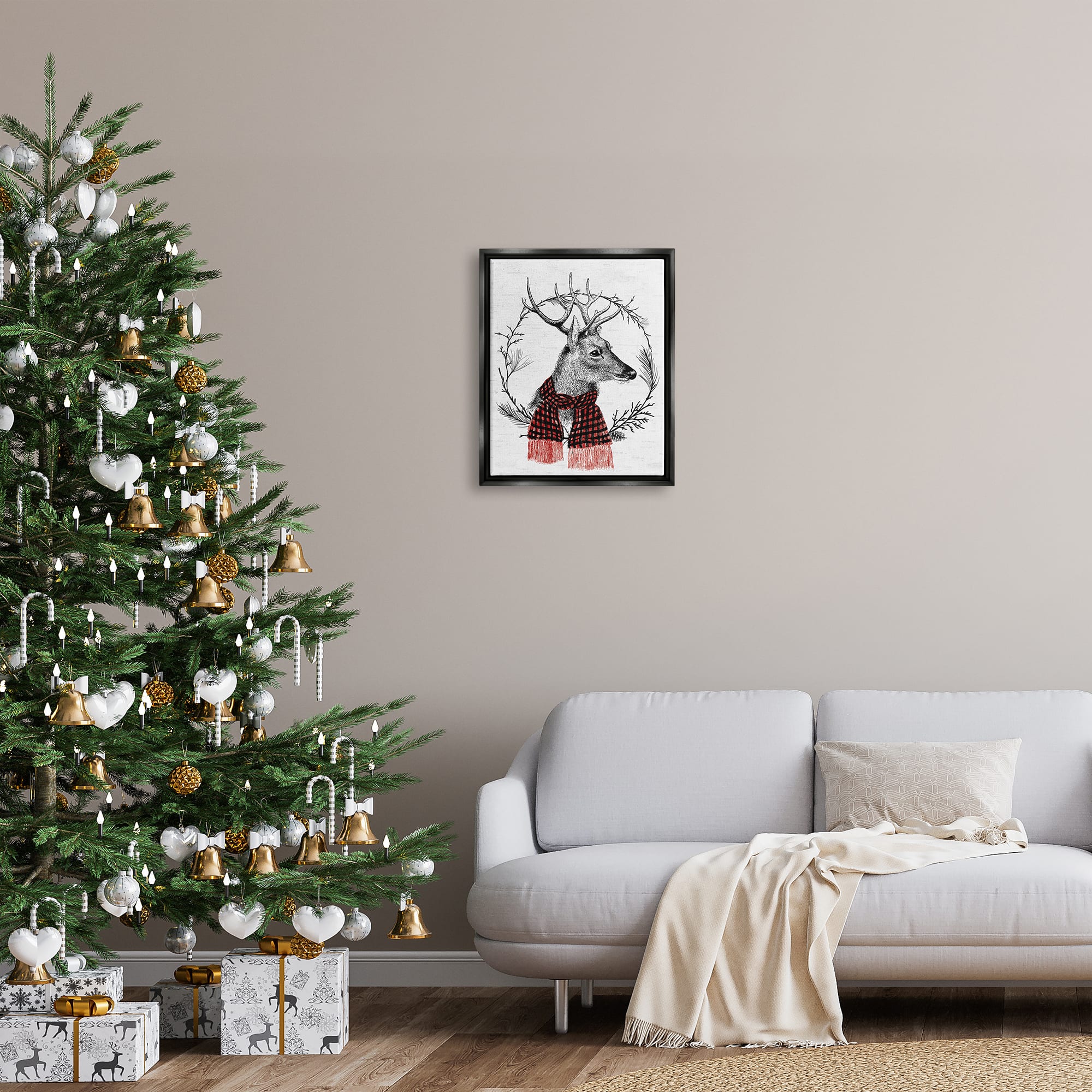 Stupell Industries Deer Winter Botanical Wreath Framed Floater Canvas Wall Art