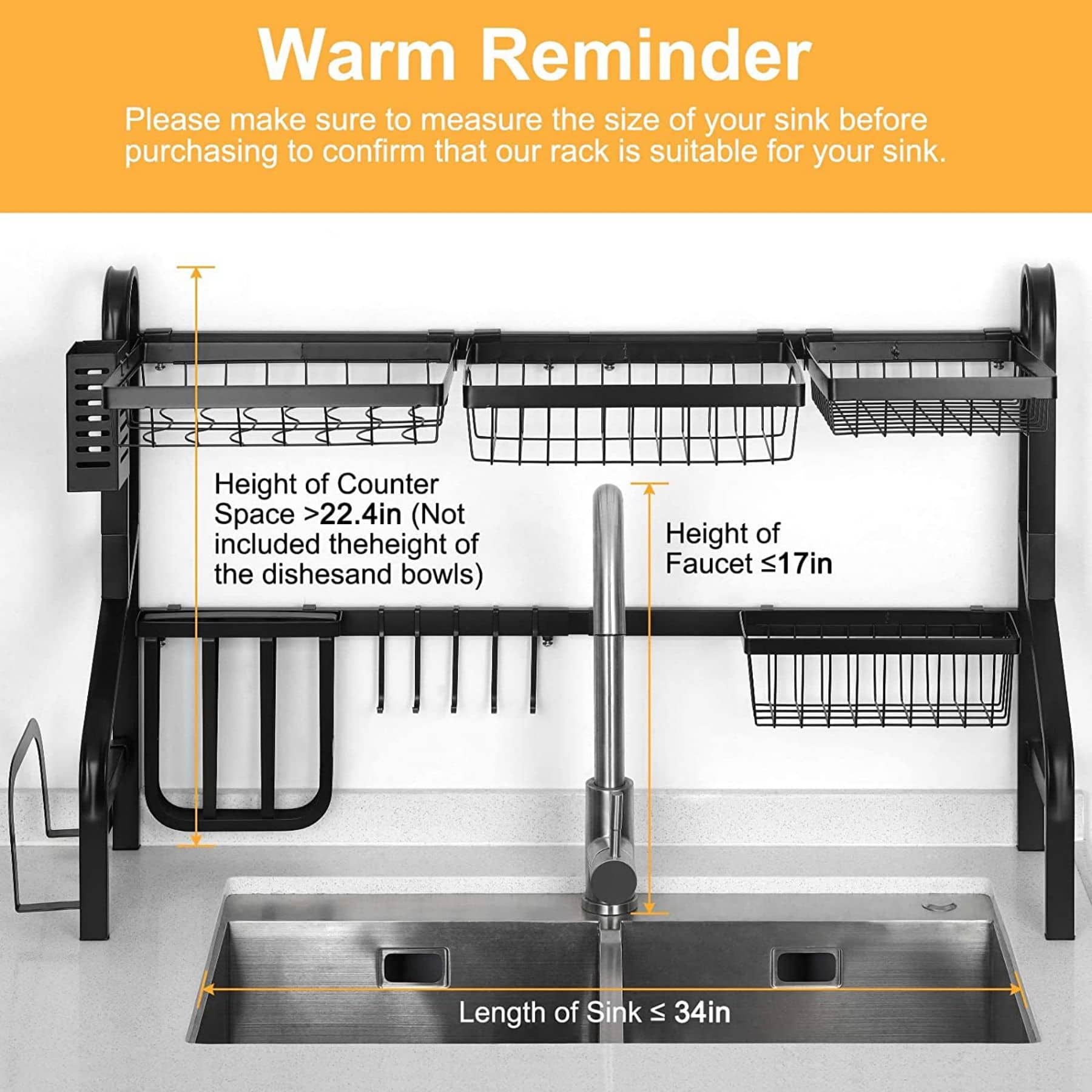 NEX™ Black 2-Tier Over the Sink Dish Rack with 5 Utility Hooks