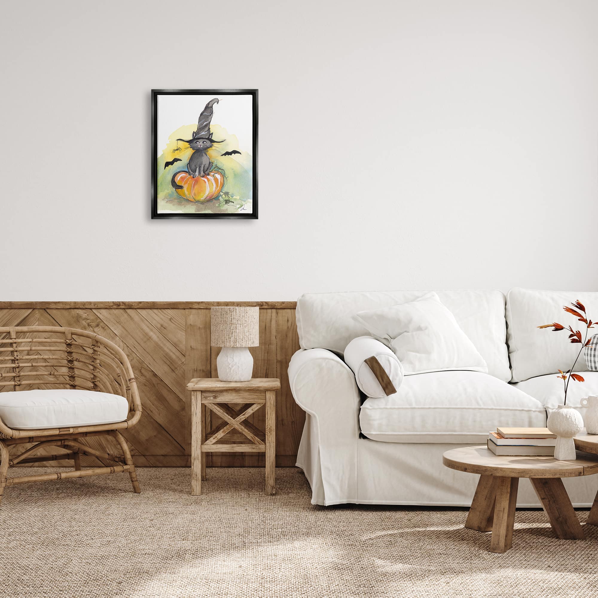 Stupell Industries Witch Cat on Pumpkin Framed Floater Canvas Wall Art