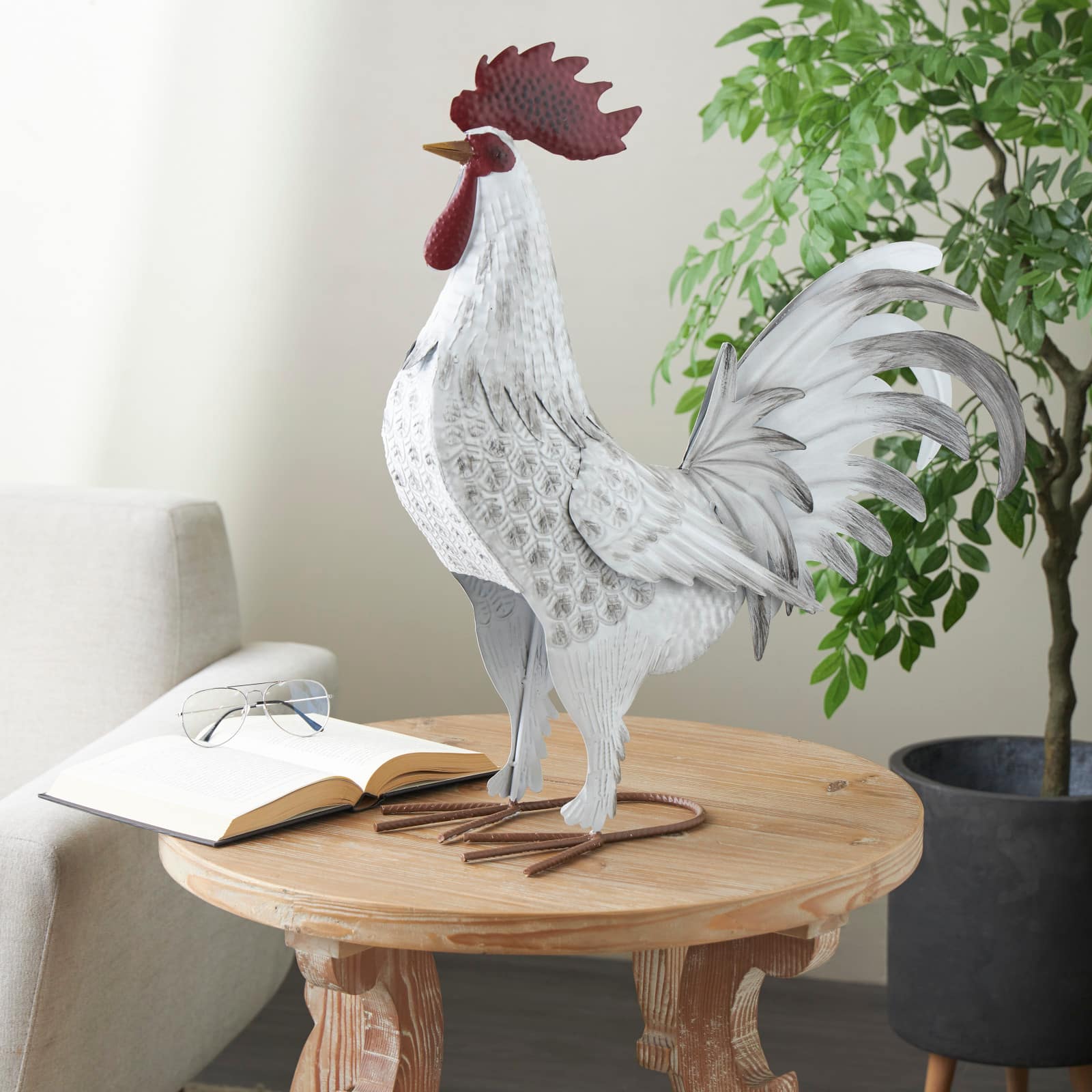 17.5" White Metal Rooster Garden Sculpture