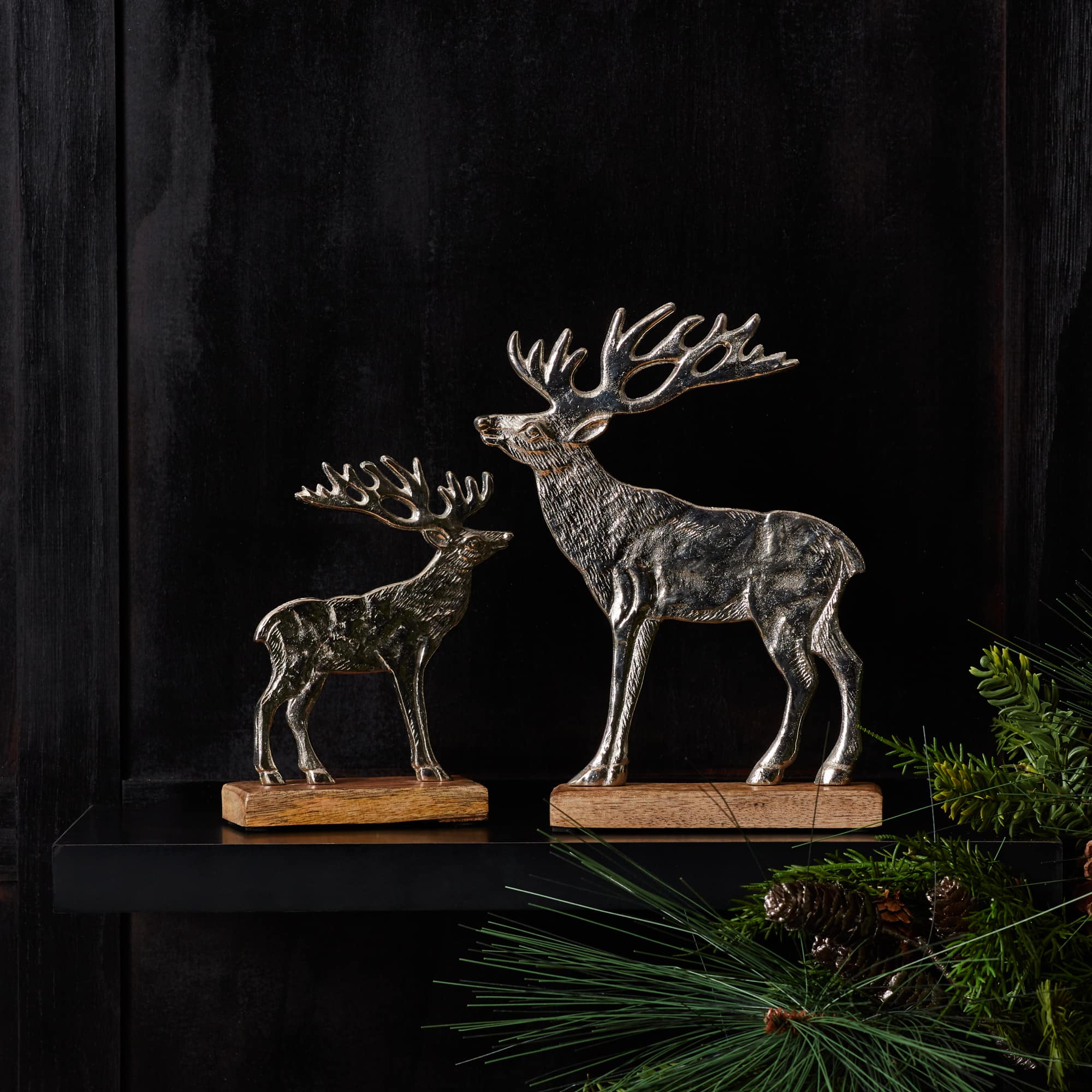 Silver Metal Deer Silhouette with Wood Base Set