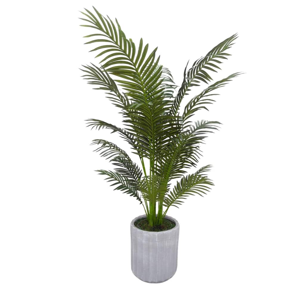 House of Silk Flowers 52" Green Faux Areca Palm in Stone Wash Gray Ribbed Ceramic Pot