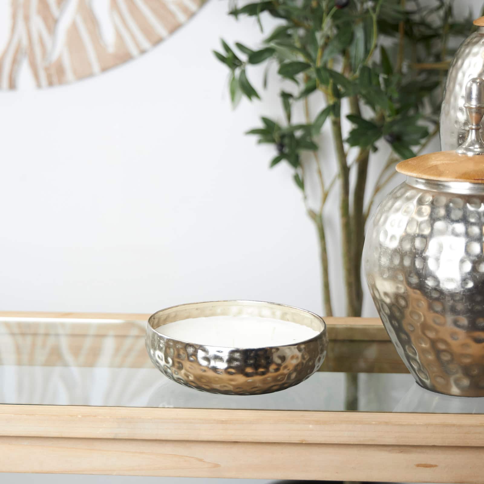 20oz. White Sage Scented White 3 Wick Candle in Hammered Silver Bowl