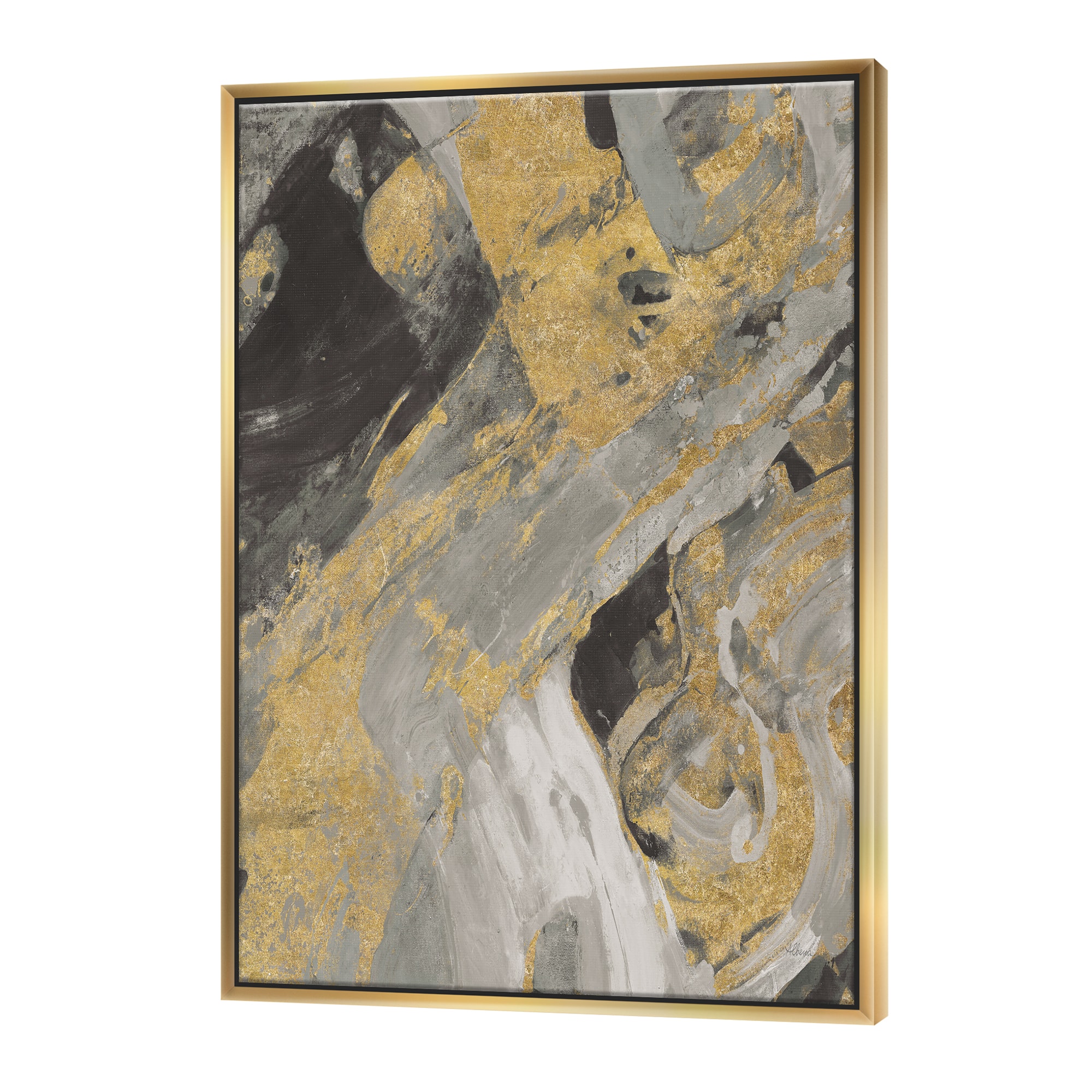 Designart - Marble Gold and Black - Modern & Contemporary Canvas in Gold Frame