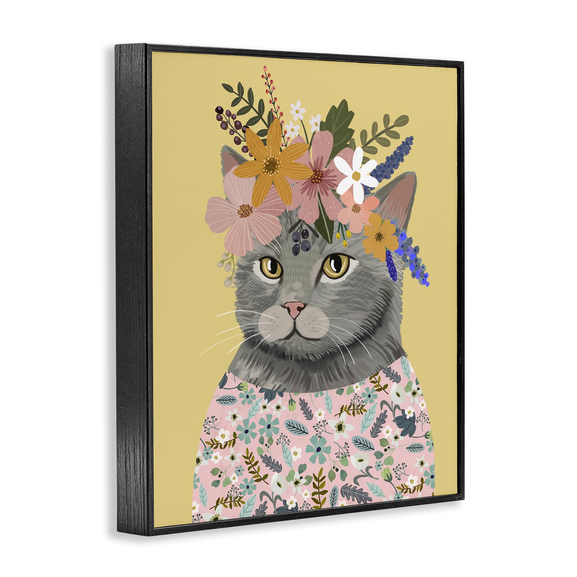 Stupell Industries Spring Cat Floral Portrait Frame Giclée Wall Art