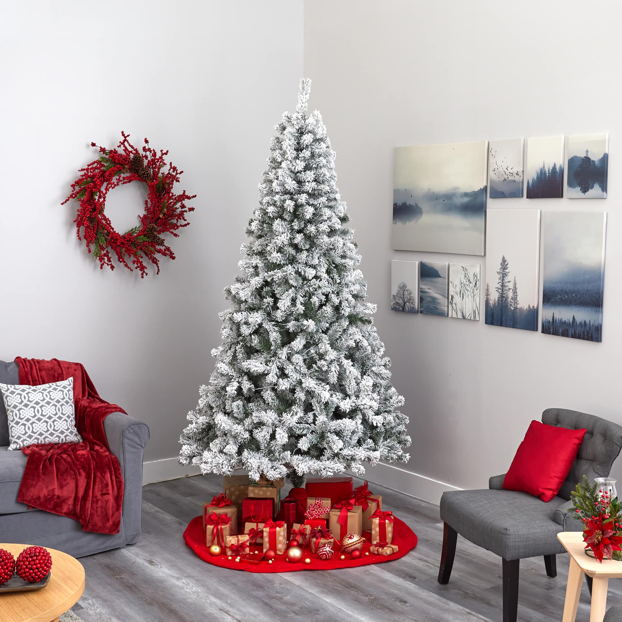 8ft. Pre-Lit Flocked West Virginia Fir Artificial Christmas Tree, Clear LED Lights