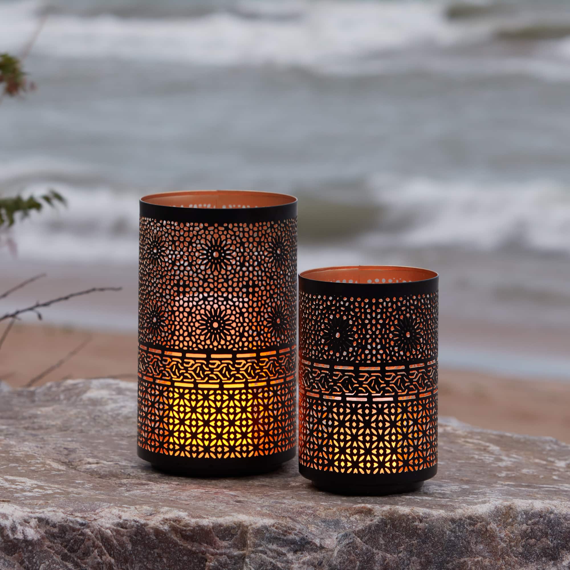 Black & Gold Mandala Punched Metal Candle Holder Set