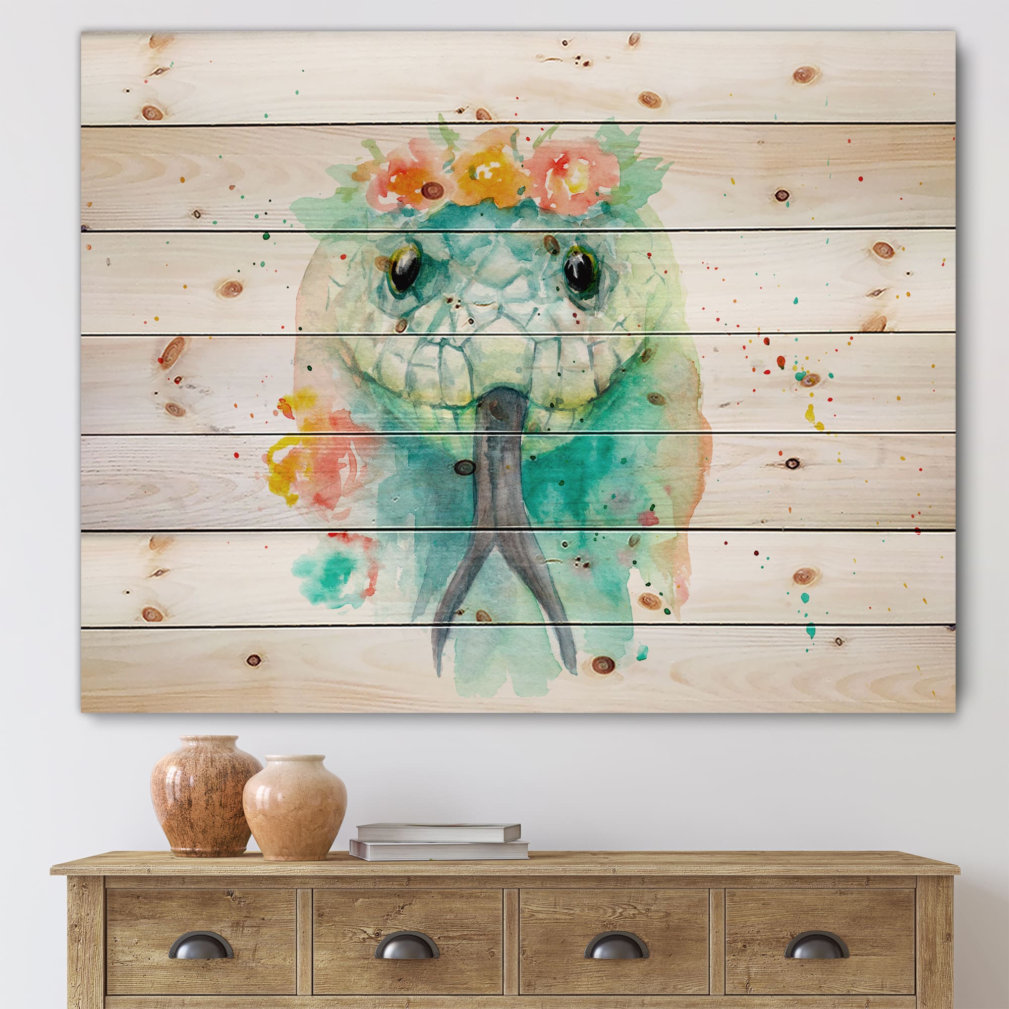 Designart - Portrait A Snake In Flowers - Farmhouse Print on Natural Pine Wood