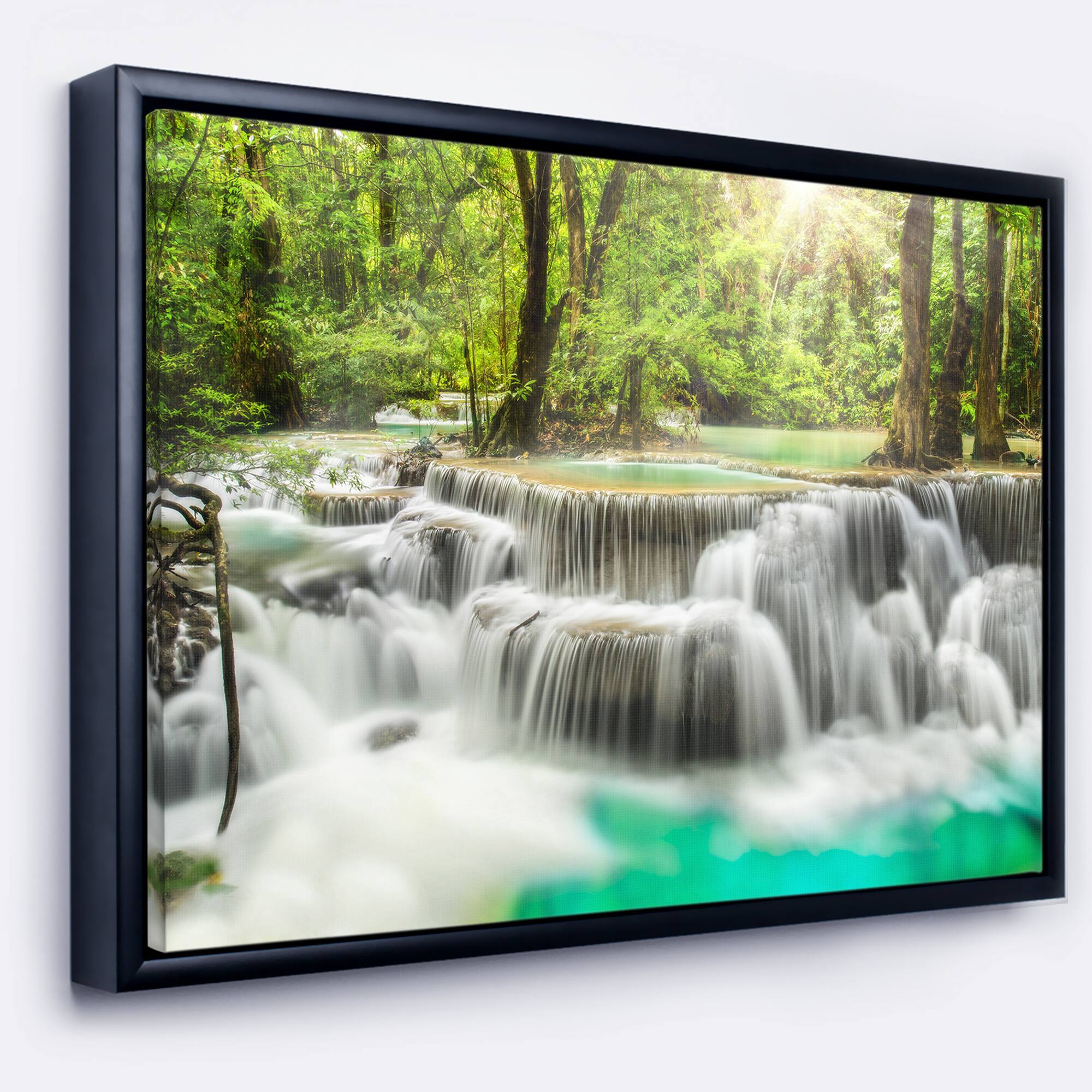 Designart - Kanchanaburi Erawan Waterfall - Photography Canvas Art Print in Black Frame