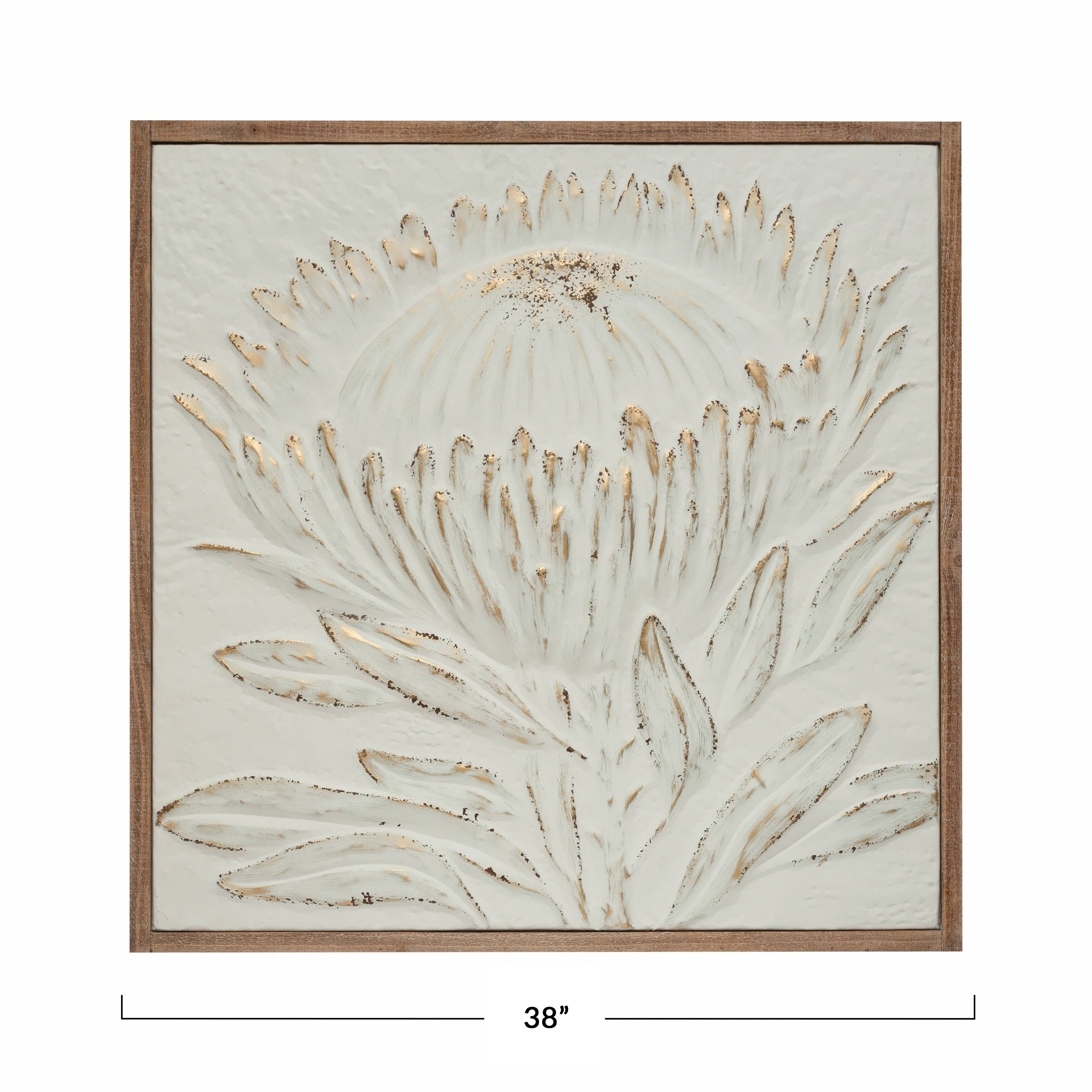 Hello Honey® 38" Antique White and Gold Wood Framed Metal Wall Décor with Embossed Protea