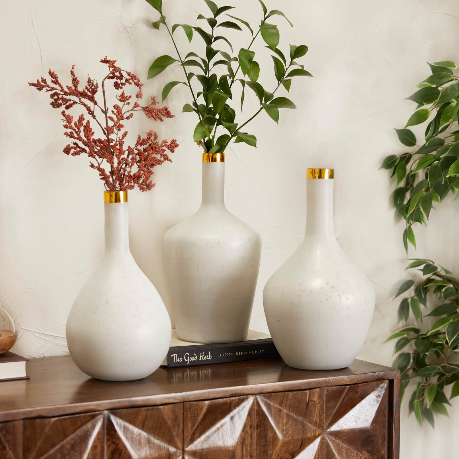 Set of 3" White Glass Glam Vases, 13" x 8" x 8"