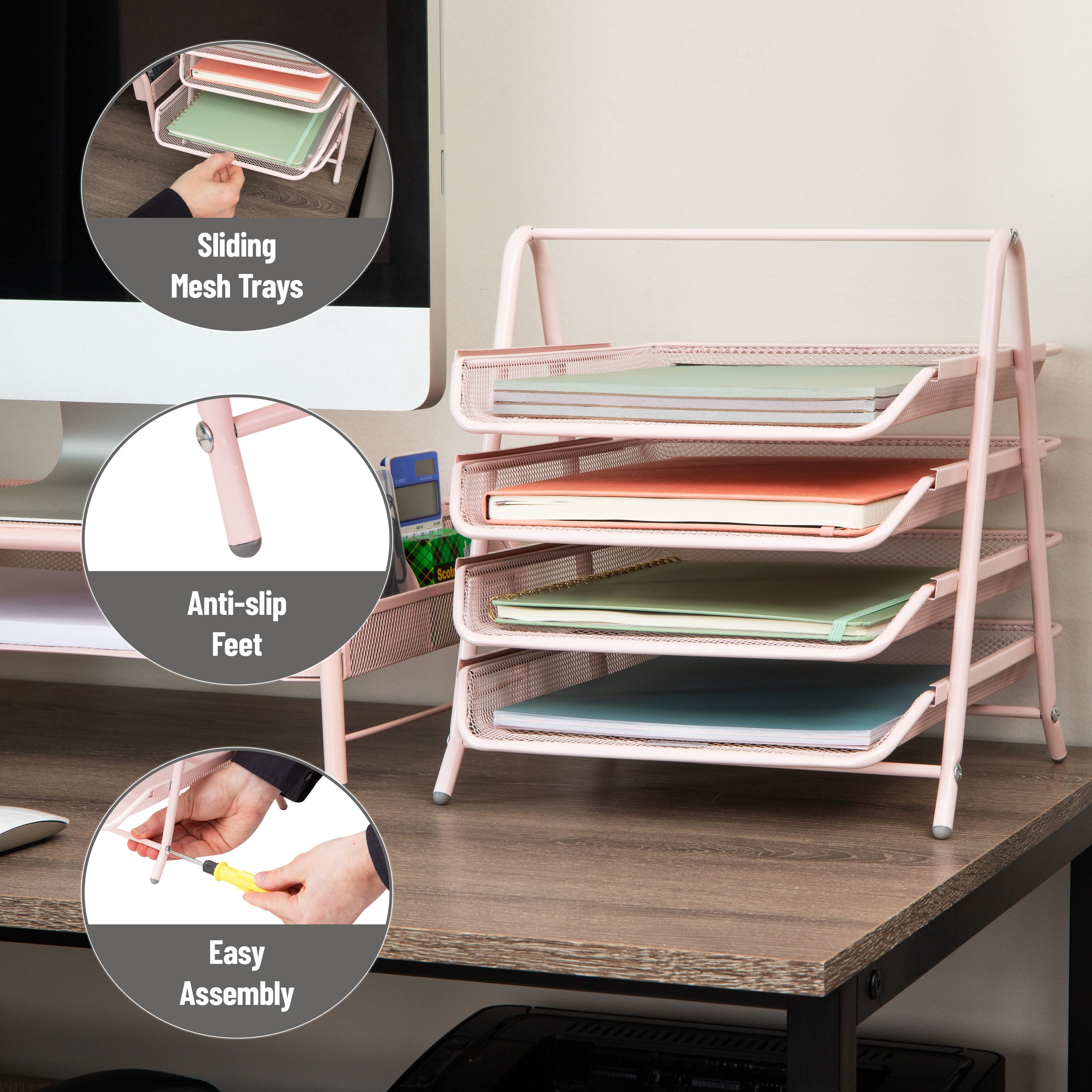 Mind Reader 4-Tier Paper Tray Organizer, Desktop File Sorter with Handle, Document Storage, Slide-Out Trays, Metal Mesh, Pink