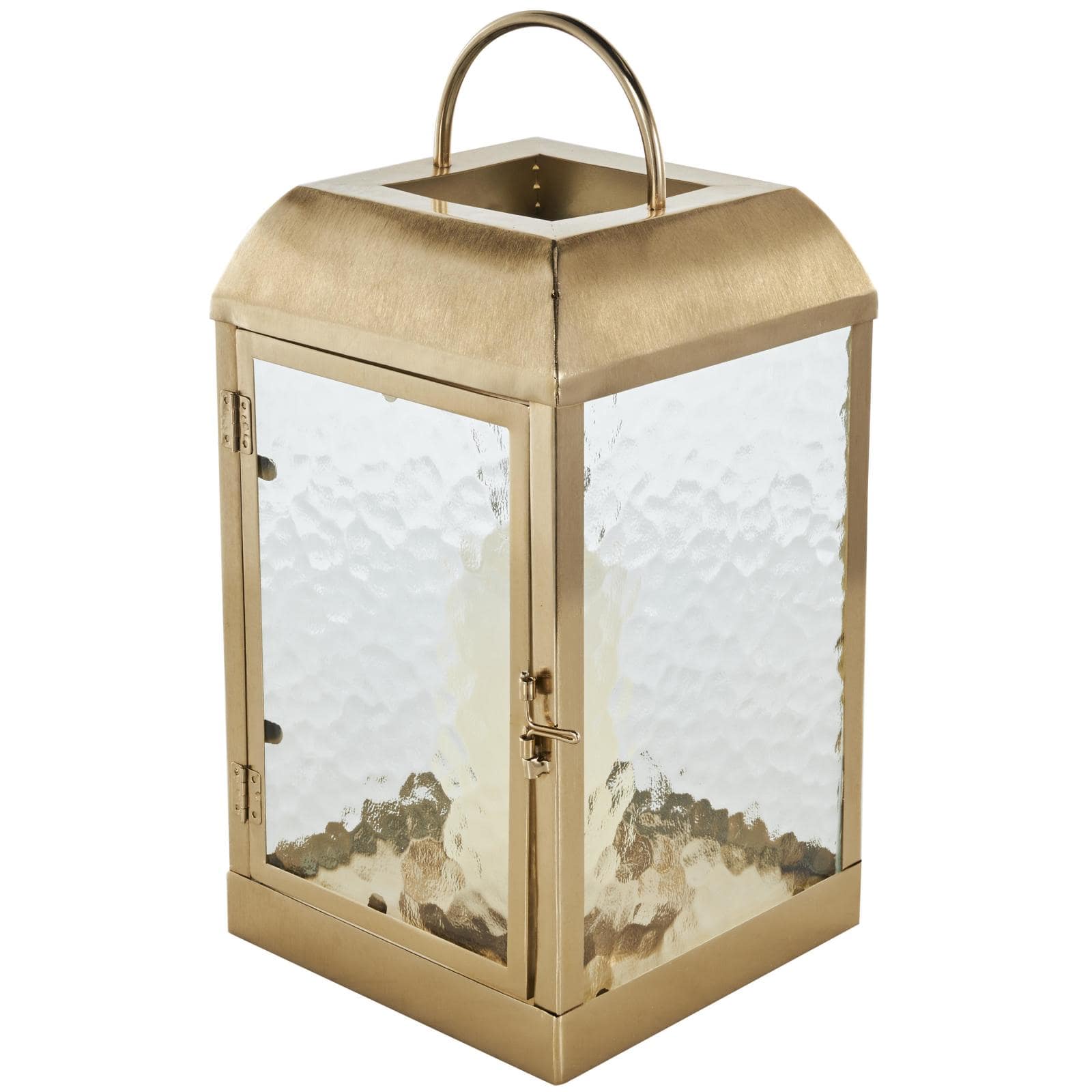 16" Gold Metal Candle Lantern with Pebbled Glass