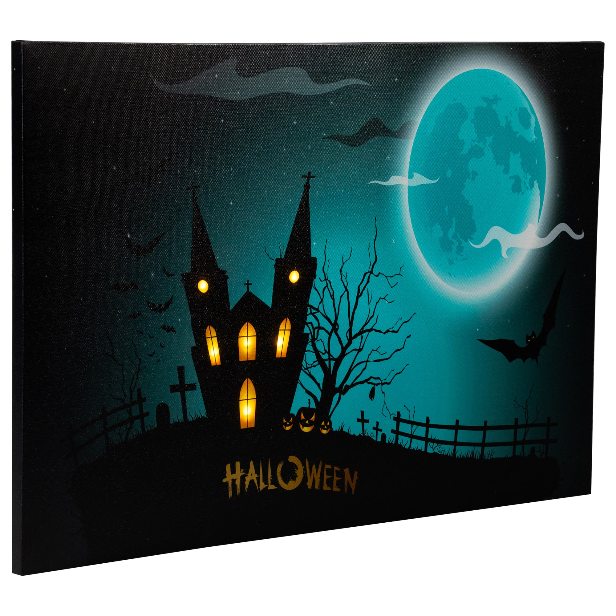 LED Lighted Eerie Church in Cemetery Halloween Canvas Wall Art