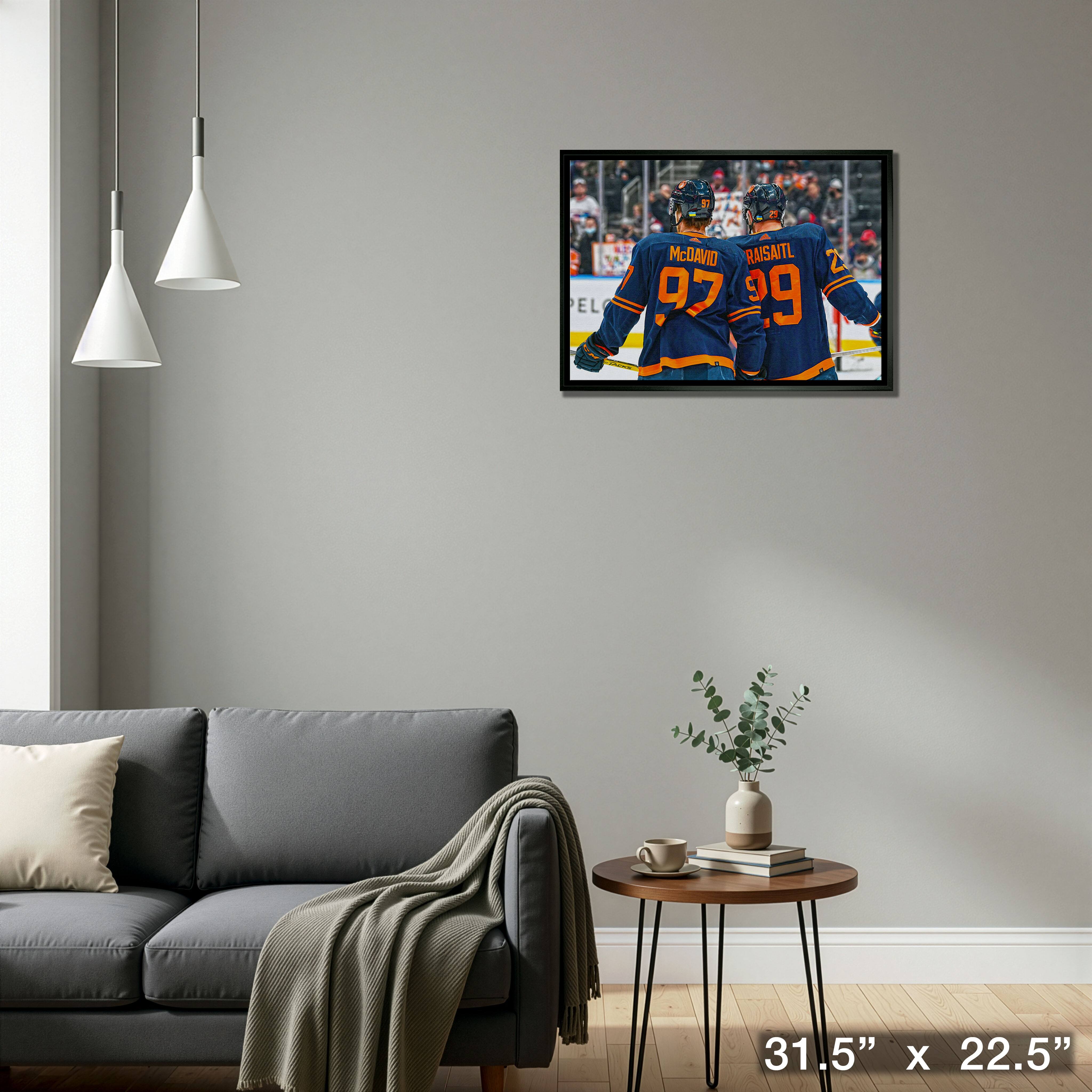 Connor McDavid and Leon Draisaitl 20" x 29" Framed Canvas Oilers Alternate Jersey Behind-H 31.5" x 22.5"