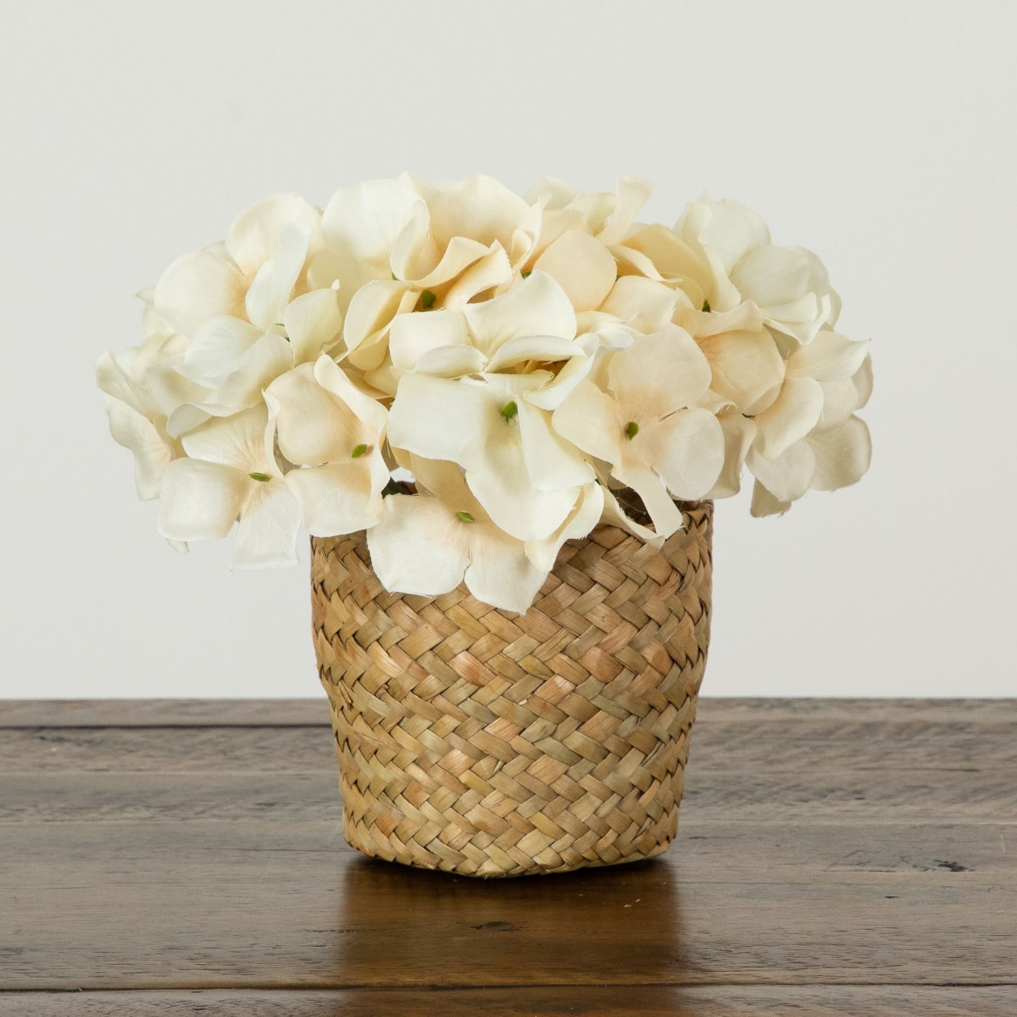 7" Artificial Cream Hydrangea Arrangement in Woven Basket