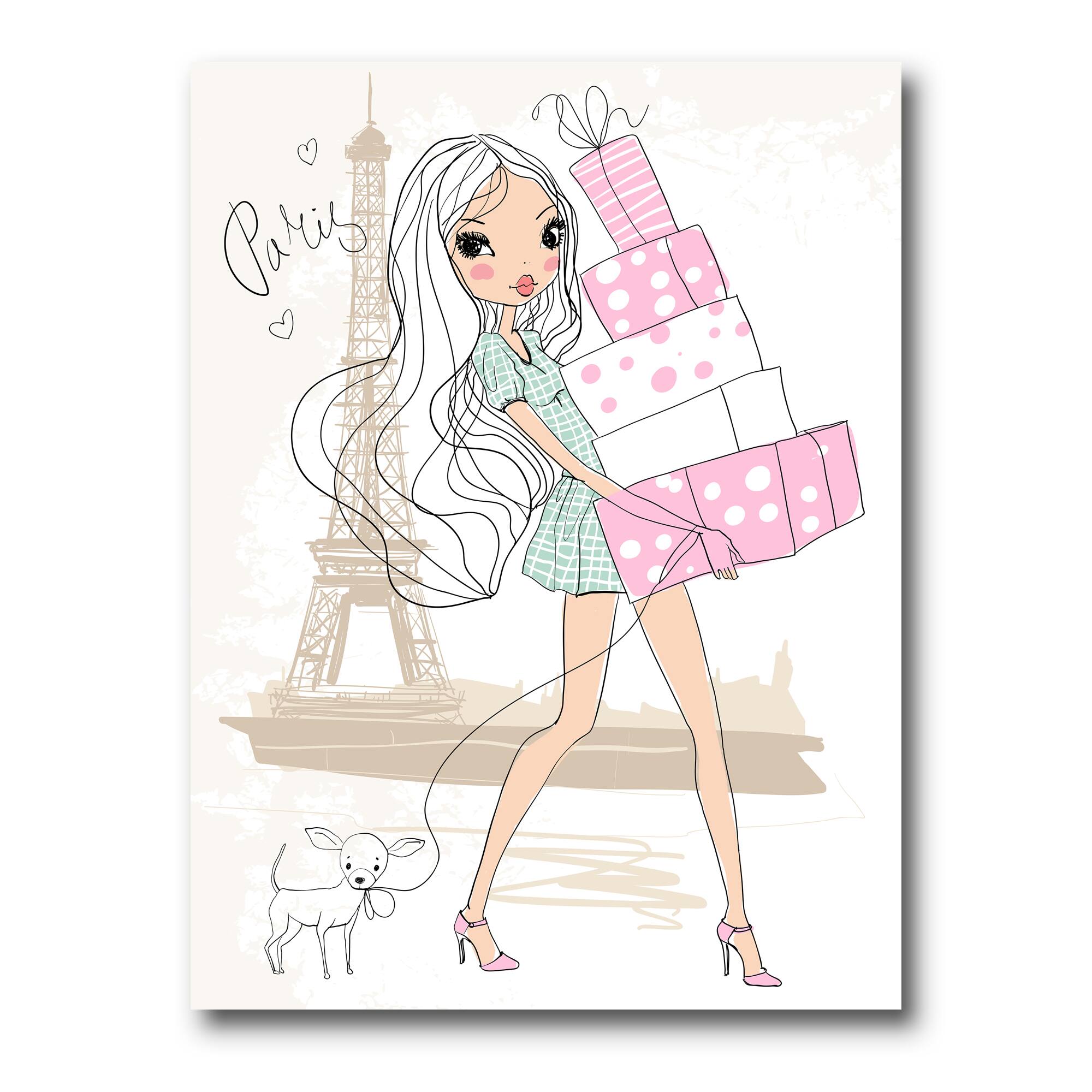 Designart - Young Girl With Shopping Boxes In Paris - Shabby Chic Canvas Wall Art Print