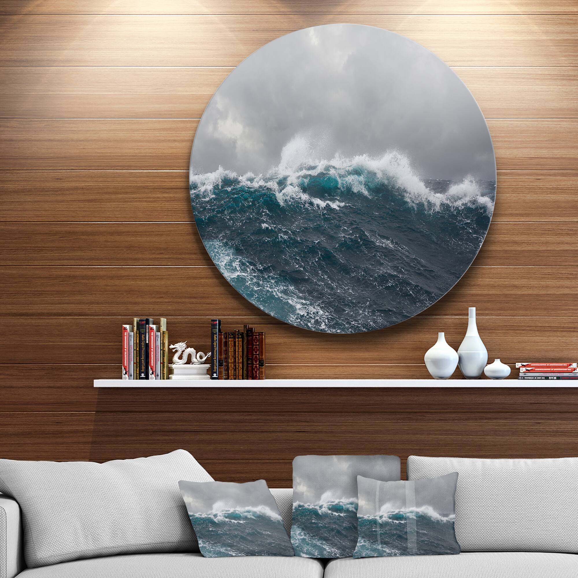 Designart - Roaring Waves under Cloudy Sky' Disc Seascape Circle Metal Wall Art