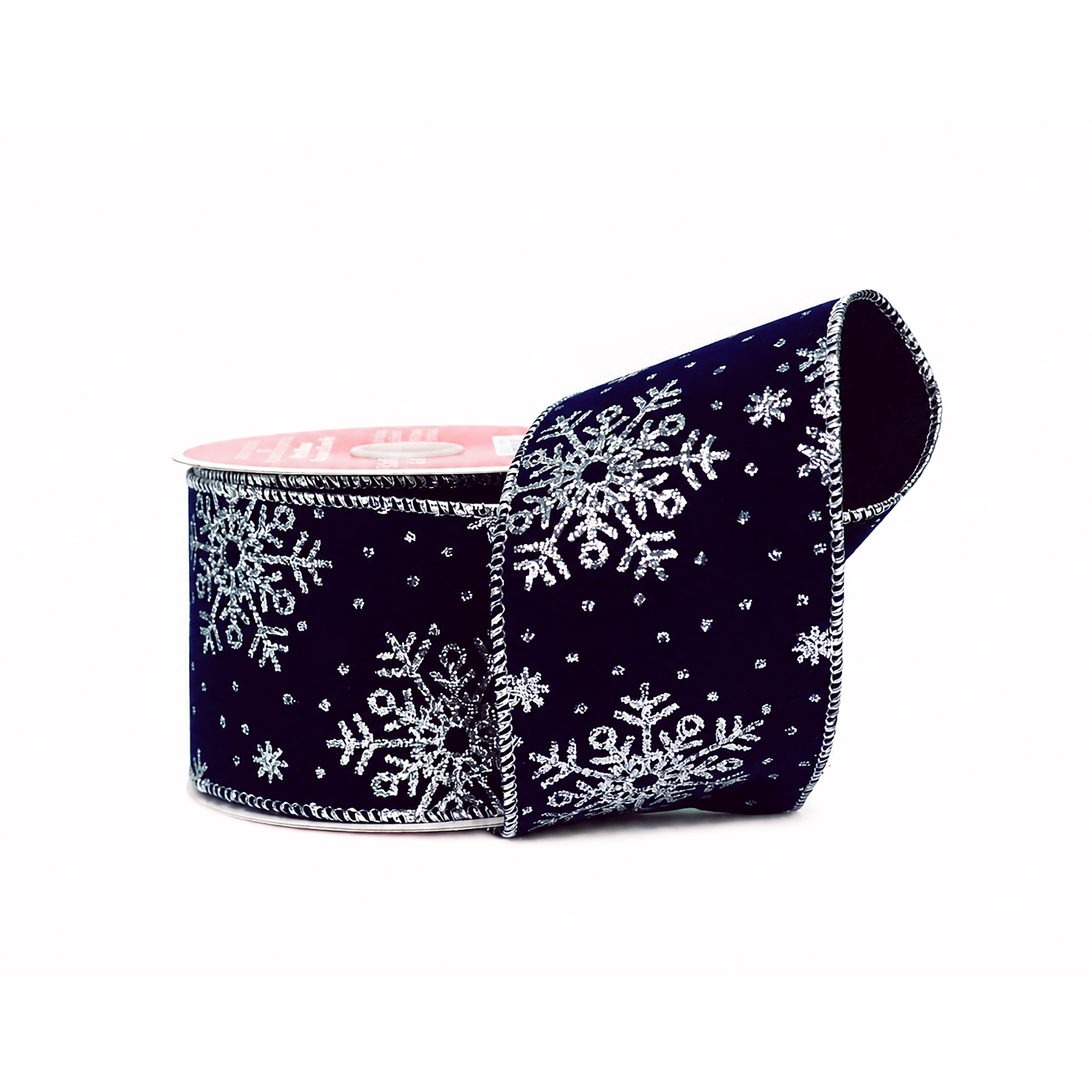 2.5" x 6.6yd. Navy & Silver Glitter Snowflakes Wired Velvet Ribbon by Celebrate It®