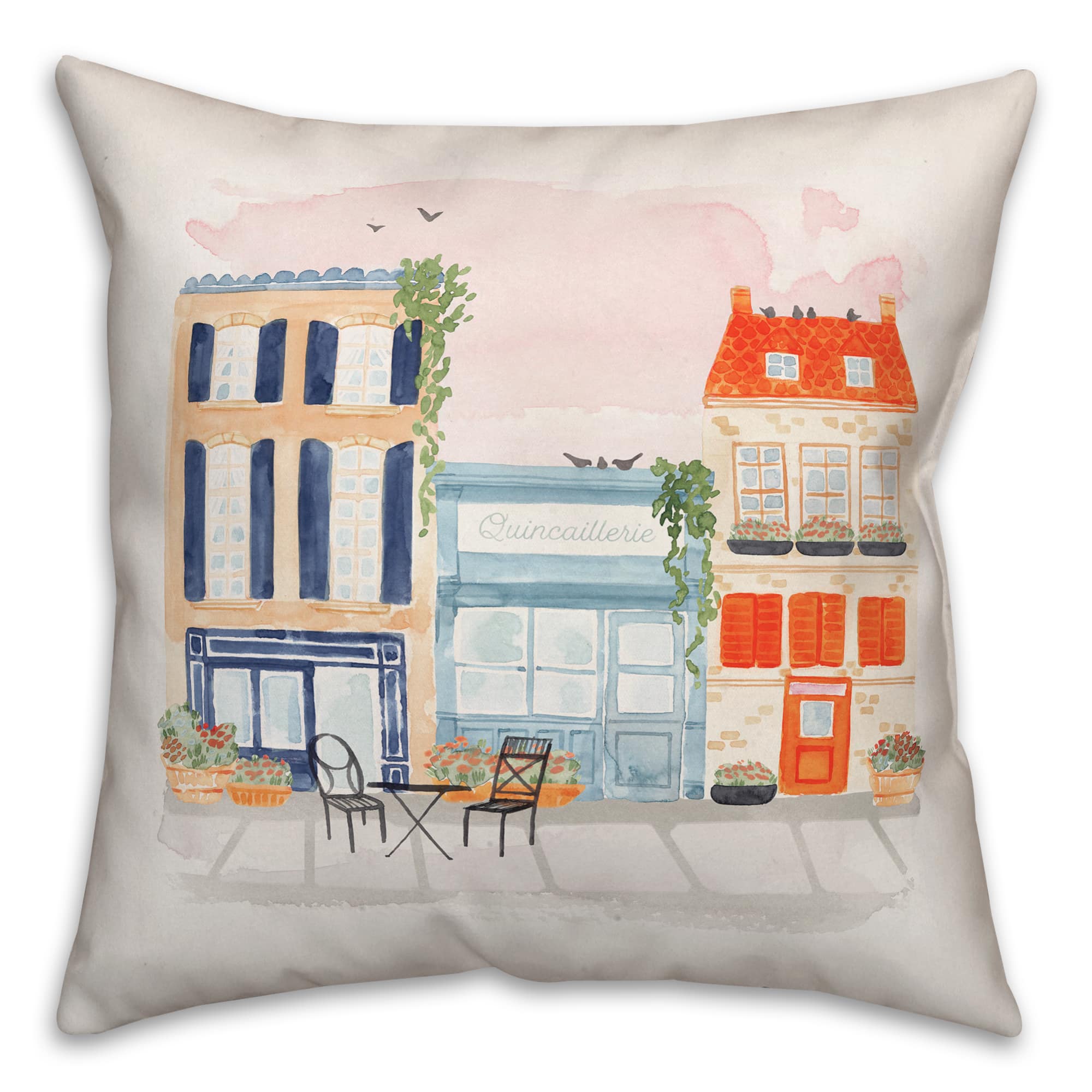 Watercolor French Shops Throw Pillow