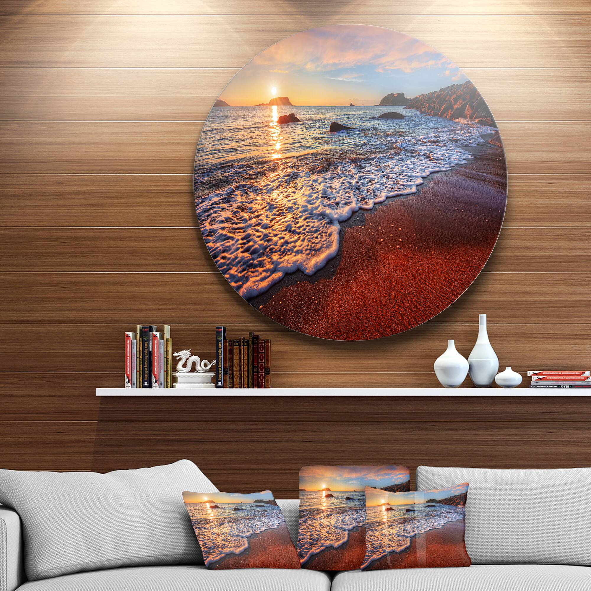 Designart - Stunning Ocean Beach at Sunset' Seashore Metal Circle Wall Art