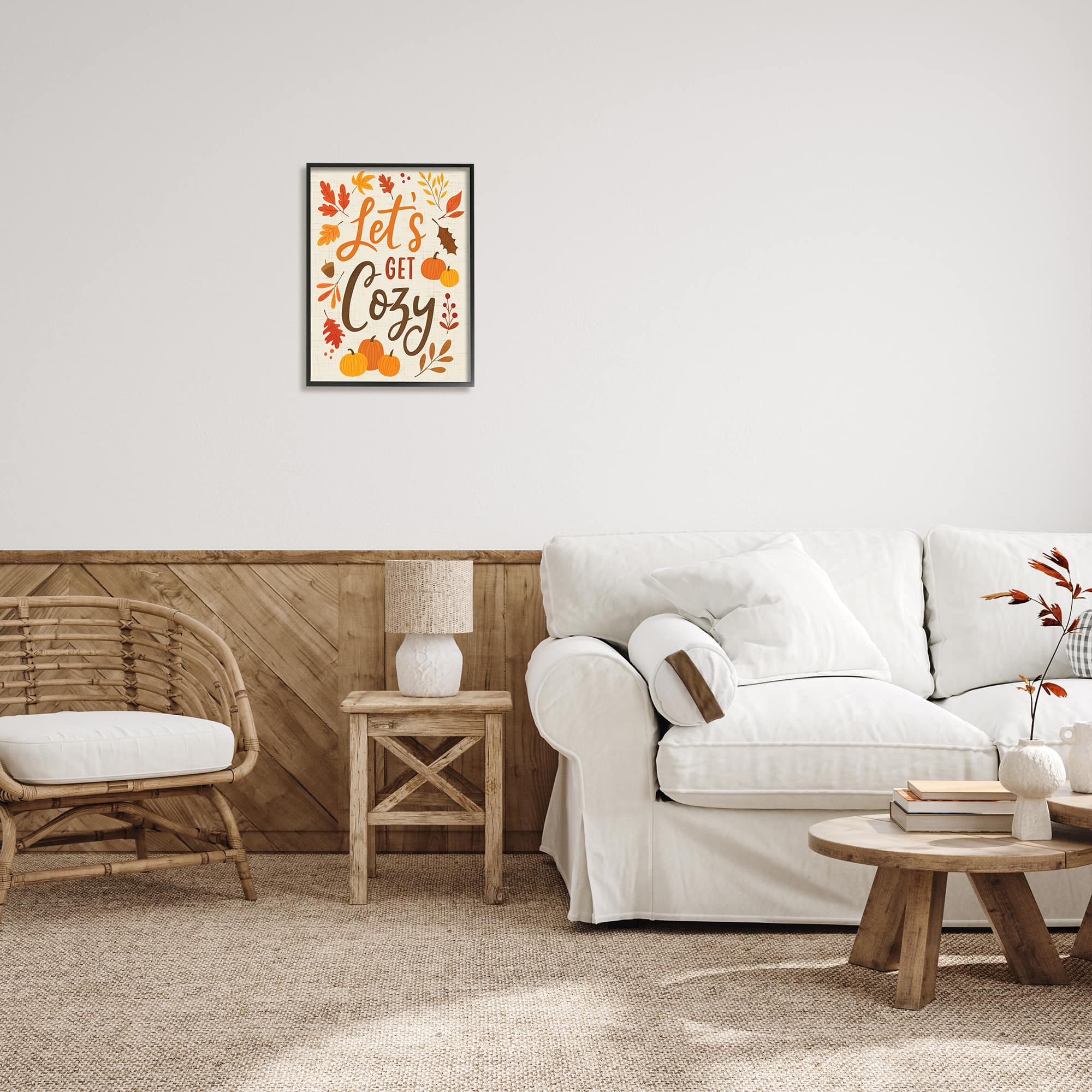 Stupell Industries Lets Get Cozy Autumnal Leaf Sprigs Framed Giclee Art