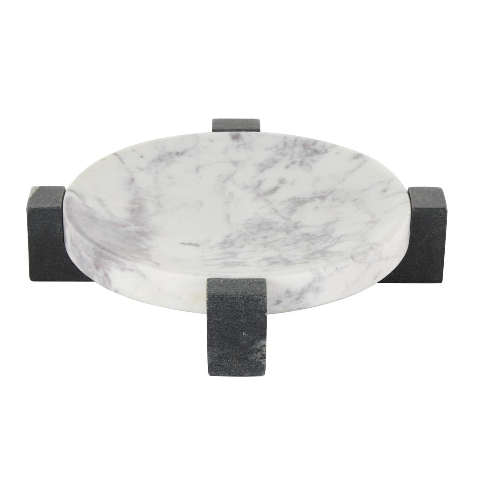 10" x 10" White with Black X-Shaped Base Marble Geometric Round Tray