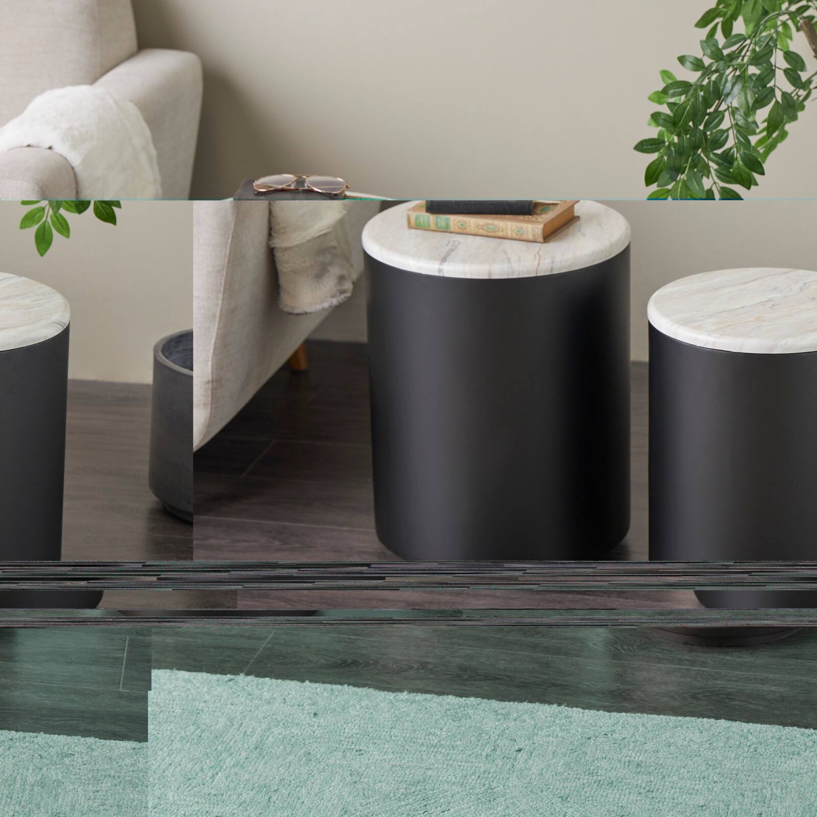 Black Metal Nesting Accent Table with Faux White Marble Top Set