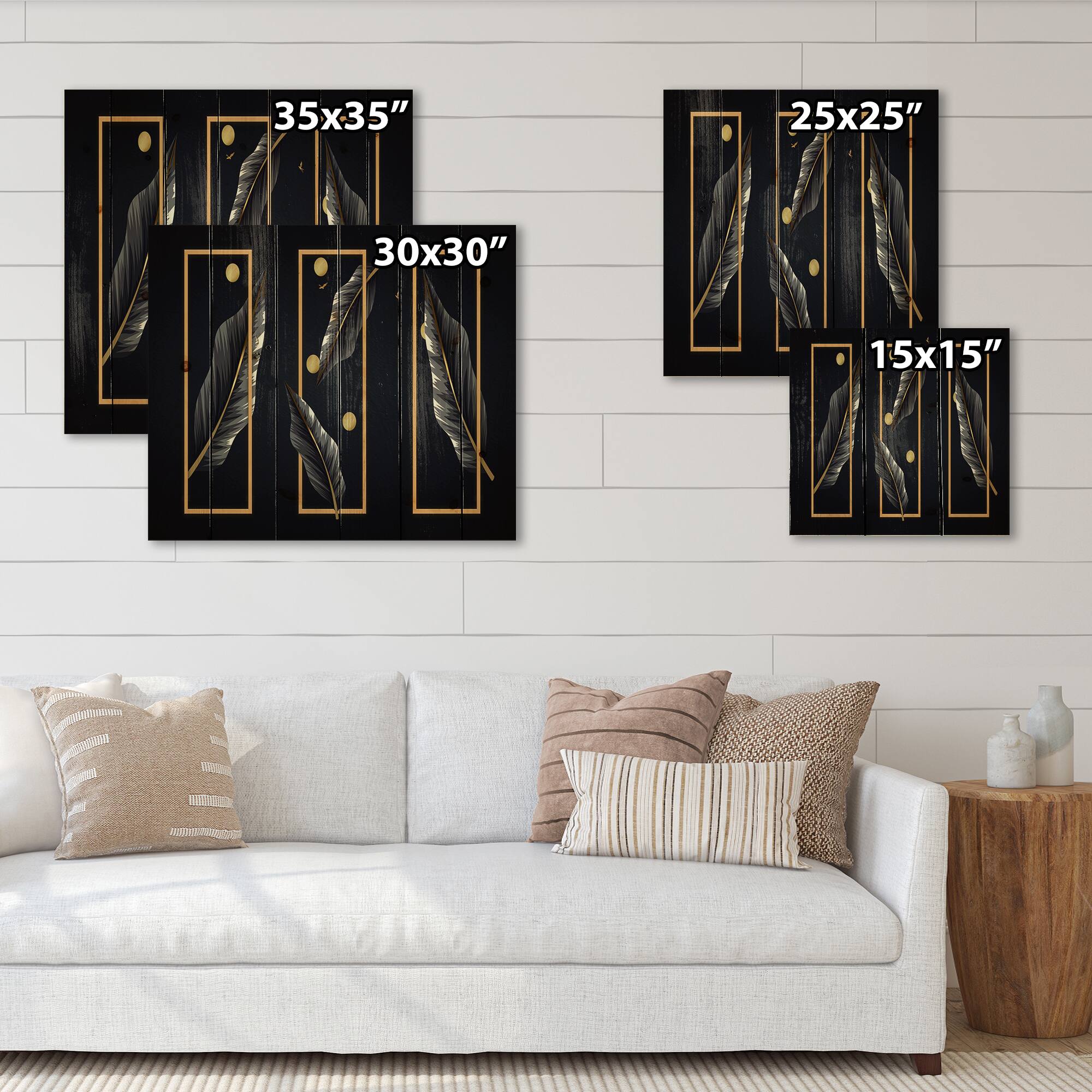 Designart - Black Tropical Leaves With Golden Rectangles