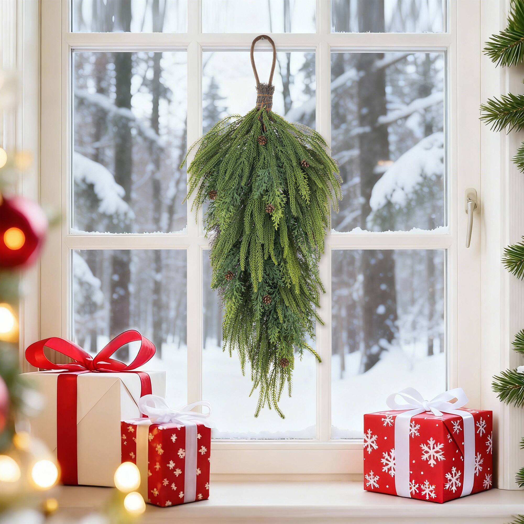 Glitzhome® 31.5" Christmas Greenery Mixed PE Teardrop with Pinecones
