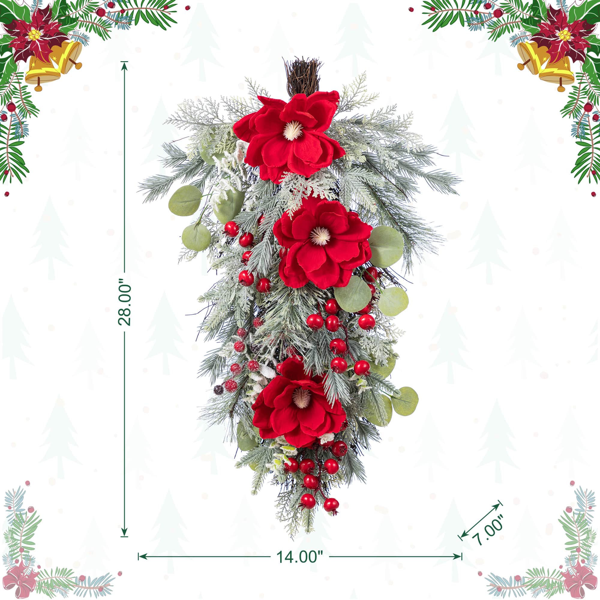 Glitzhome® 28"H Christmas Red Mangnolia & Berry Teardrop