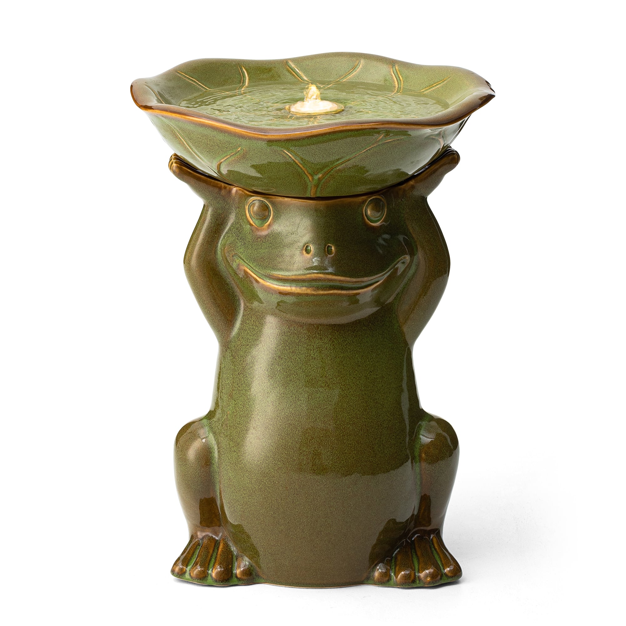 Glitzhome® 21.5" LED Olive Green Frog Holding Lotus Birdbath Ceramic Outdoor Floor Fountain