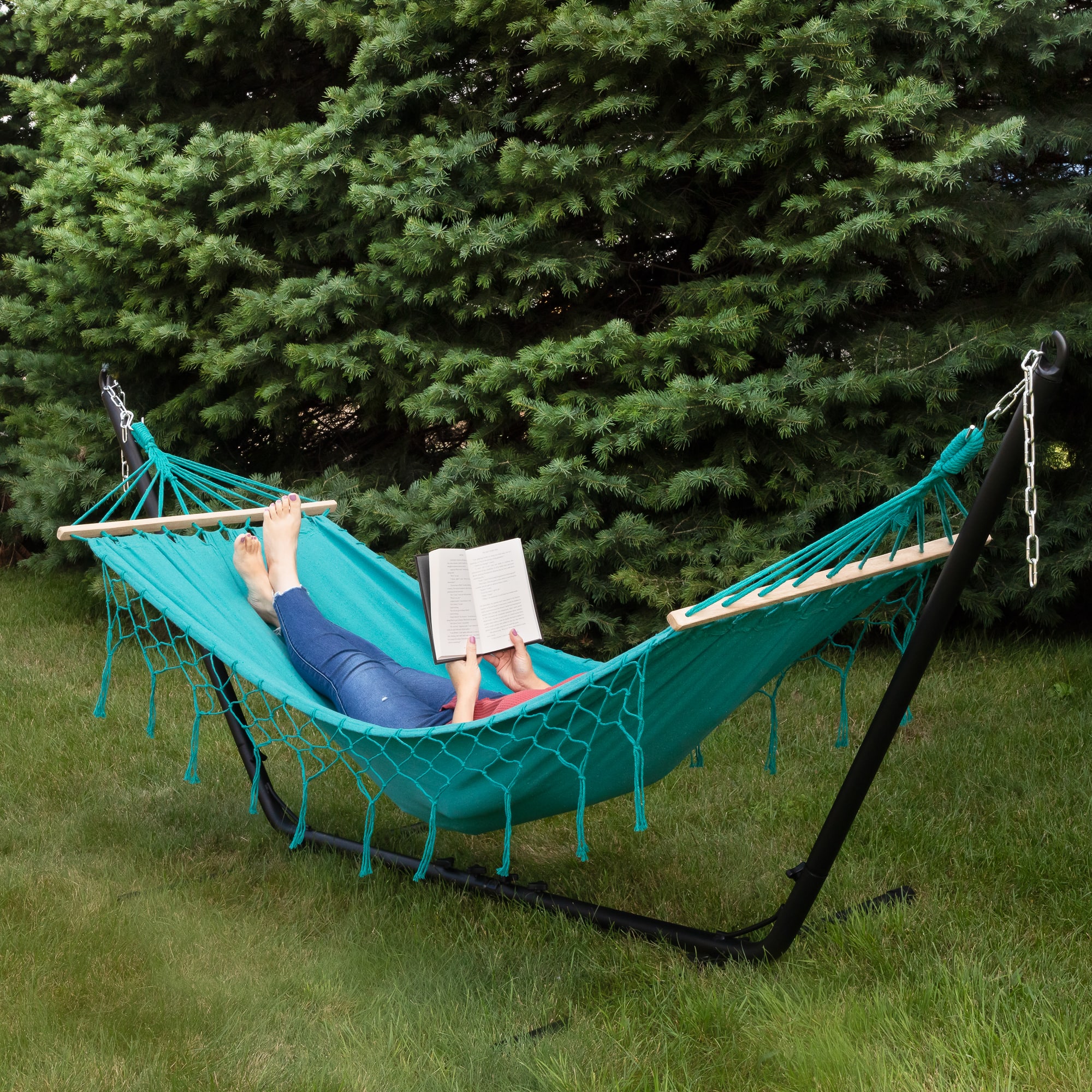 100" x 41" Hammock with Netted Fringe & Wooden Bars