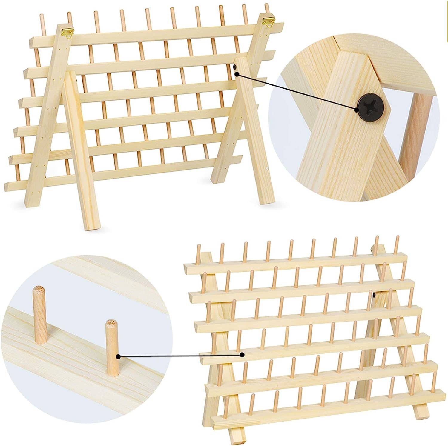 Natural 60-Spool Wooden Sewing Thread Organizer Rack