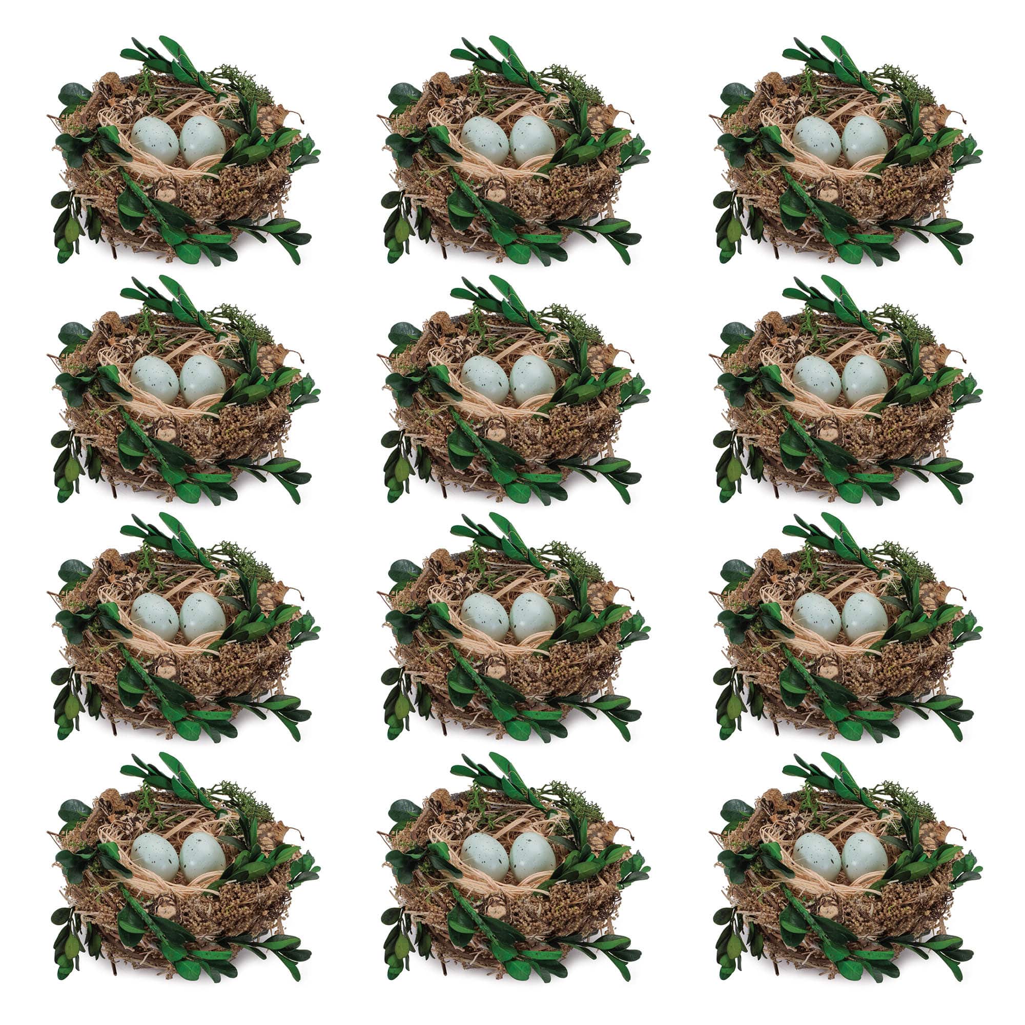 96757DS 5 x 3 in. Twig & Grass & Foam Nest with Eggs, Brown & Green - Set of 12