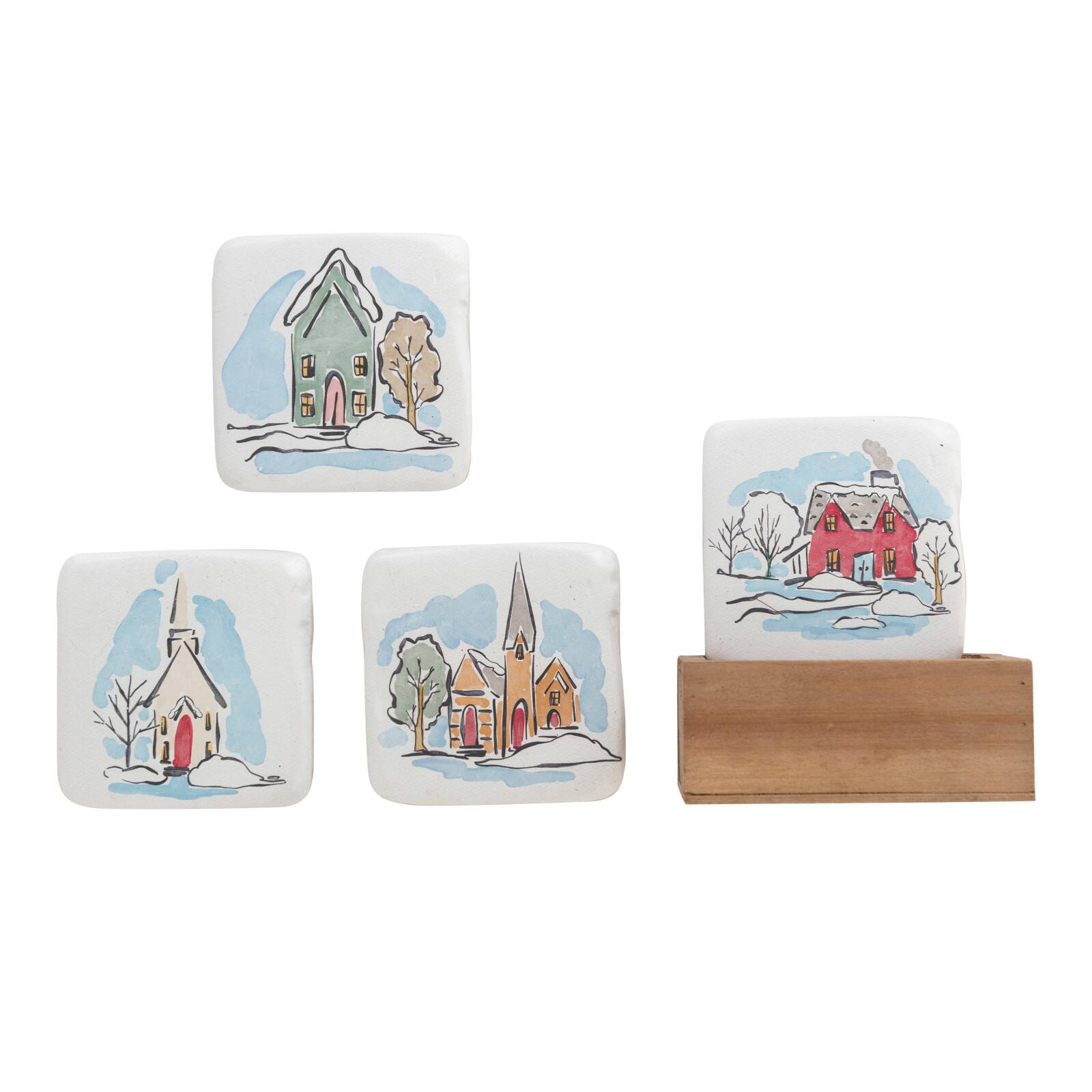 Hello Honey® 4" House Design Coaster Set in Wood Box