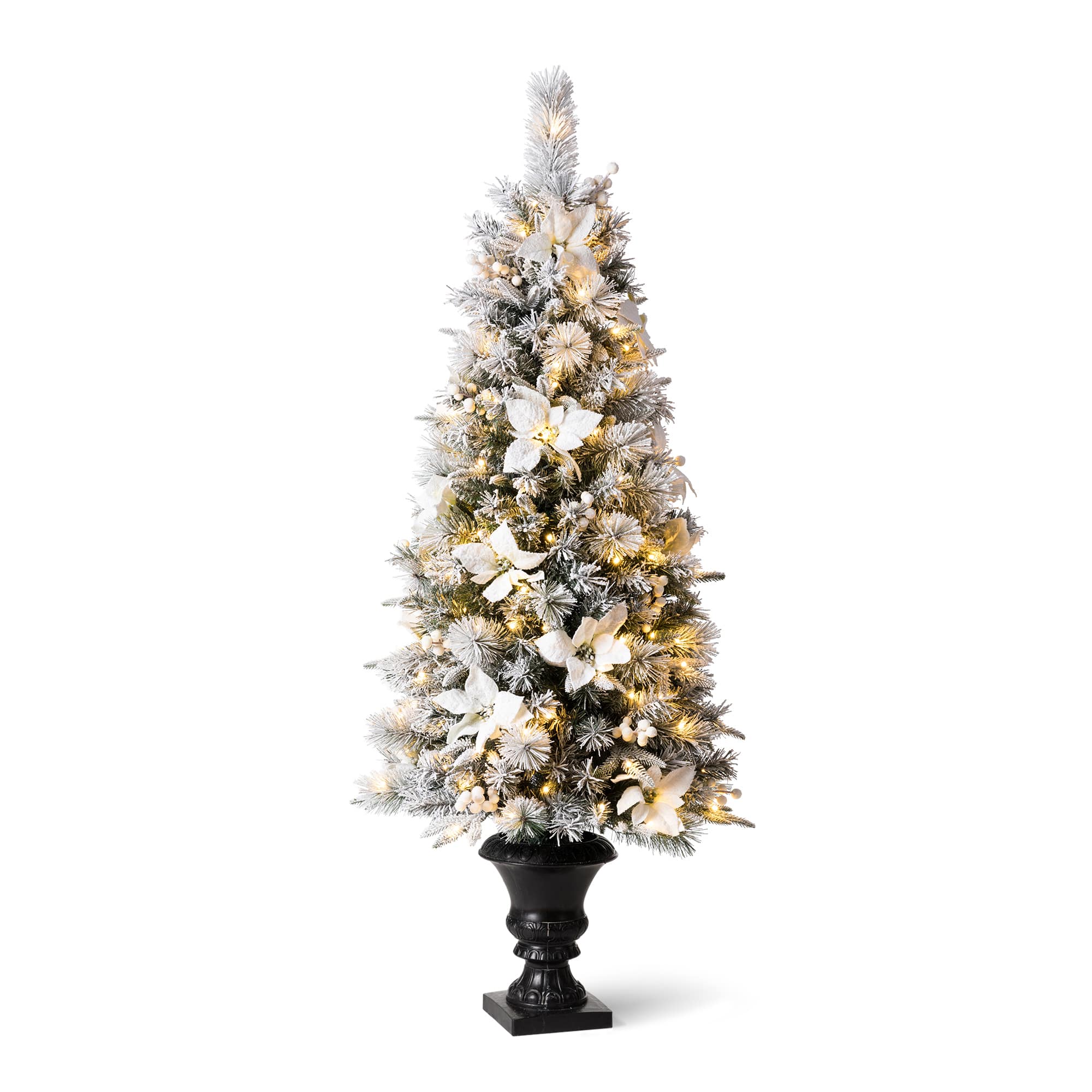 5ft. Pre-Lit Flocked Pine Artificial Christmas Tree in Planter, Warm White LED Lights