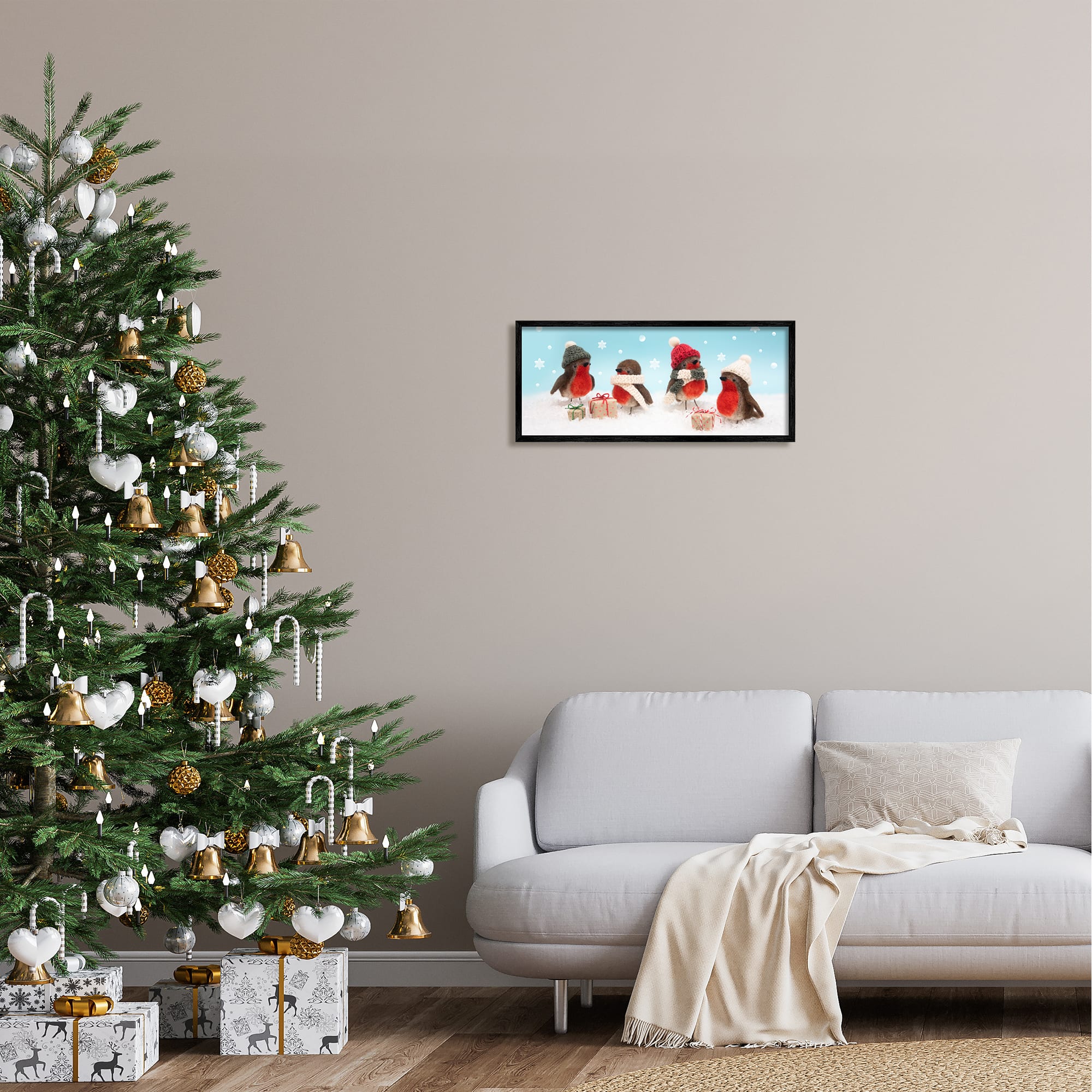 Stupell Industries Birds & Christmas Gifts Snowflakes Framed Giclee Art