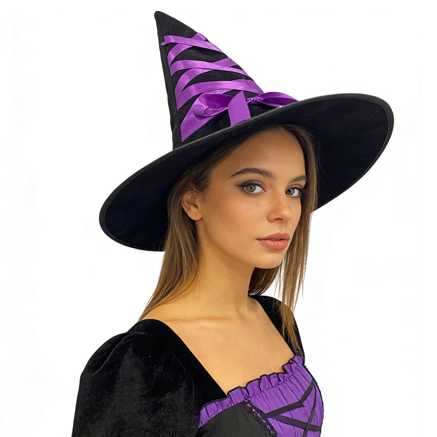 Black Velour Adult Witch Hat with Purple Ribbon by Celebrate It™