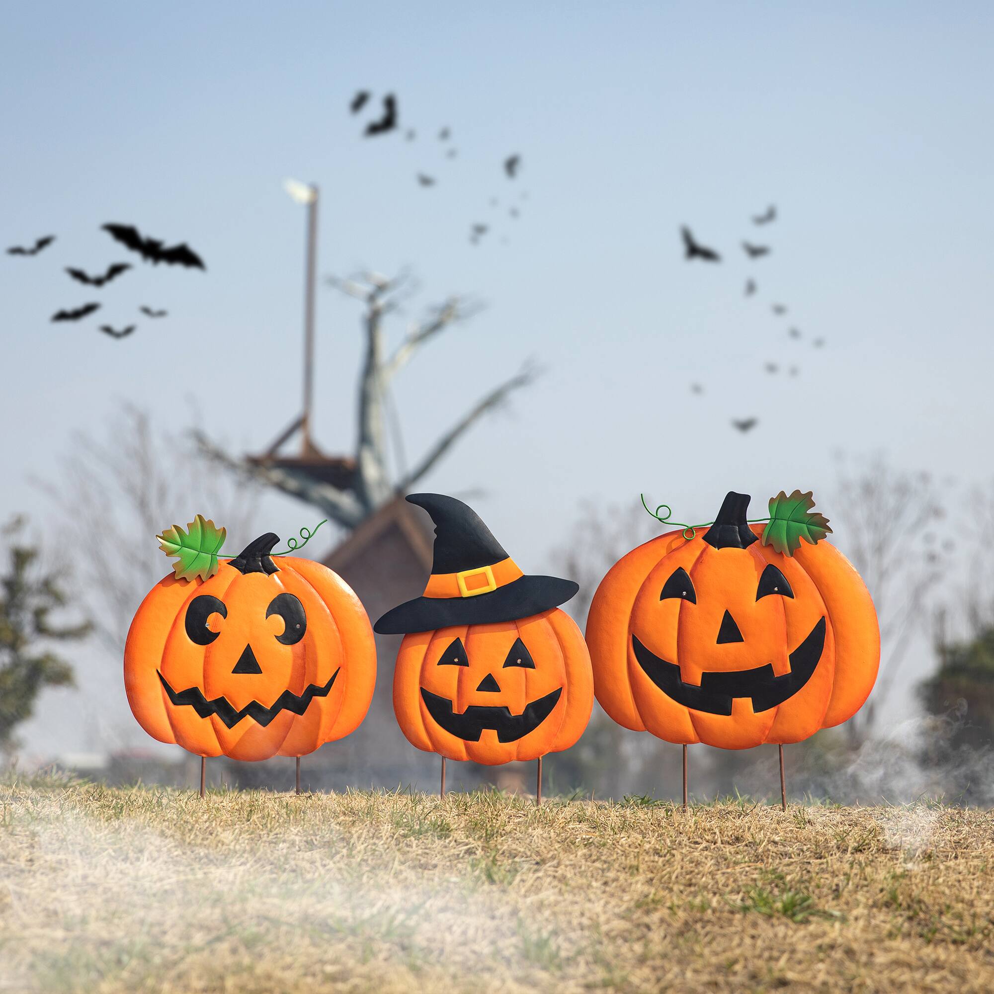 Glitzhome® 3.3ft. Halloween Lighted Metal Stacked Jack-O-Lantern Yard Stake Set with Timer
