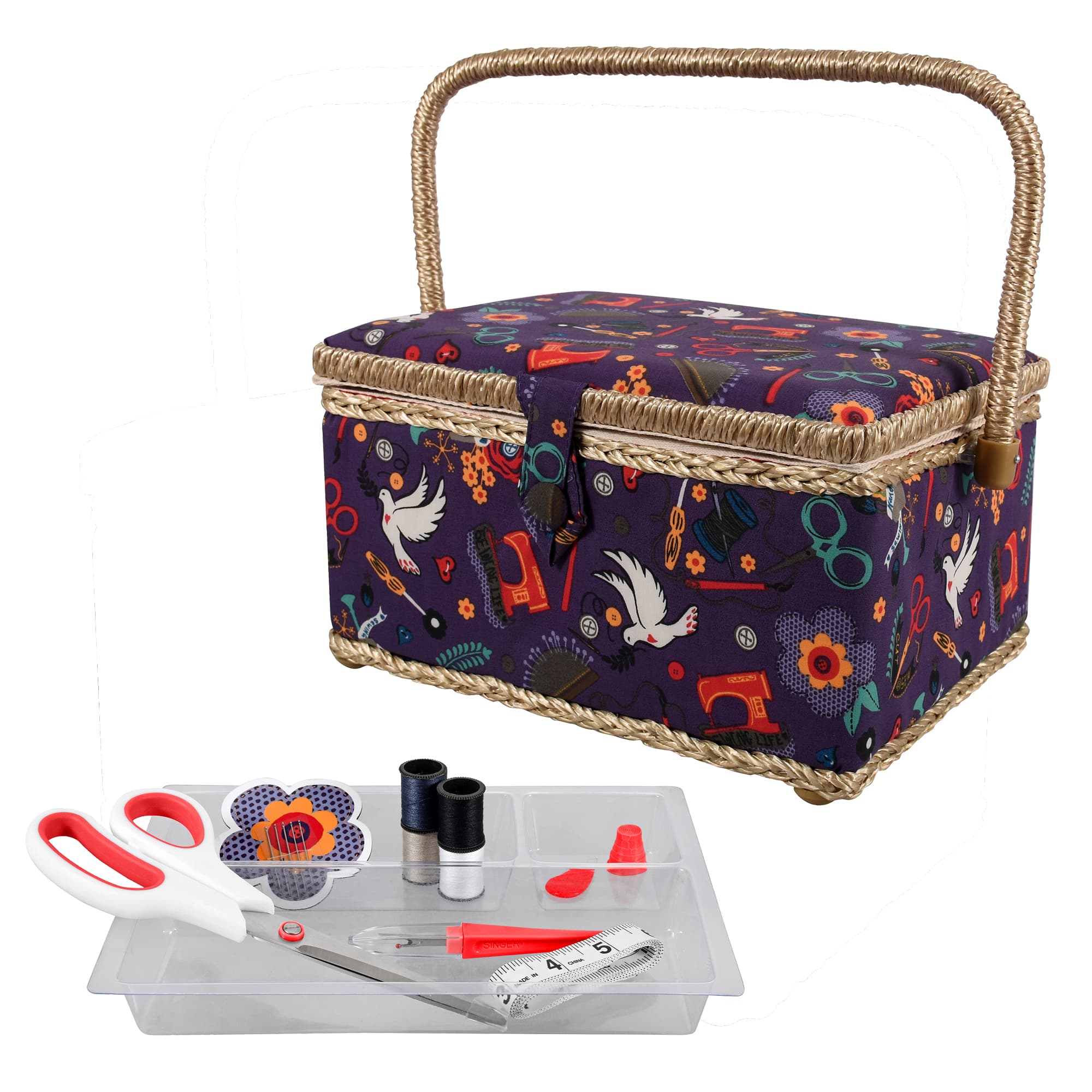 SINGER® Large Purple Notions Print Sewing Basket with Sewing Scissors & Notions