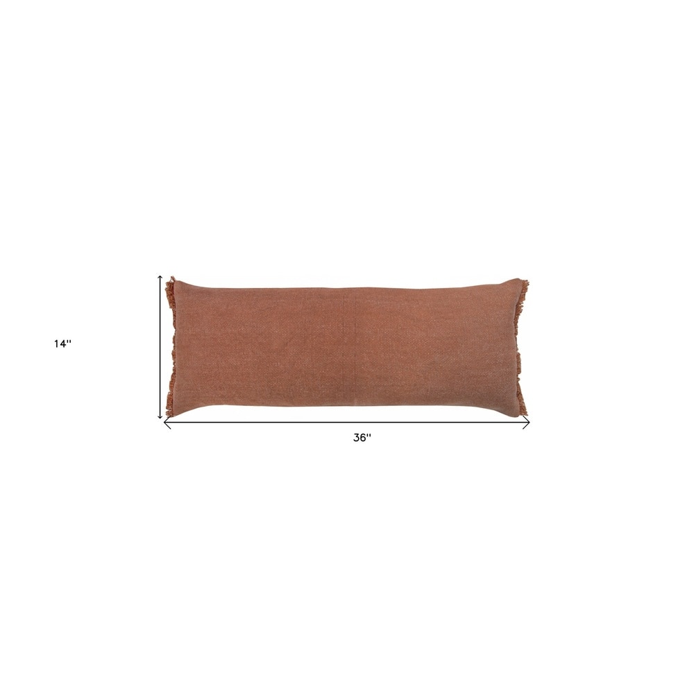HomeRoots 14" x 36" Terra Cotta Stonewashed Cotton Fringe Throw Pillow