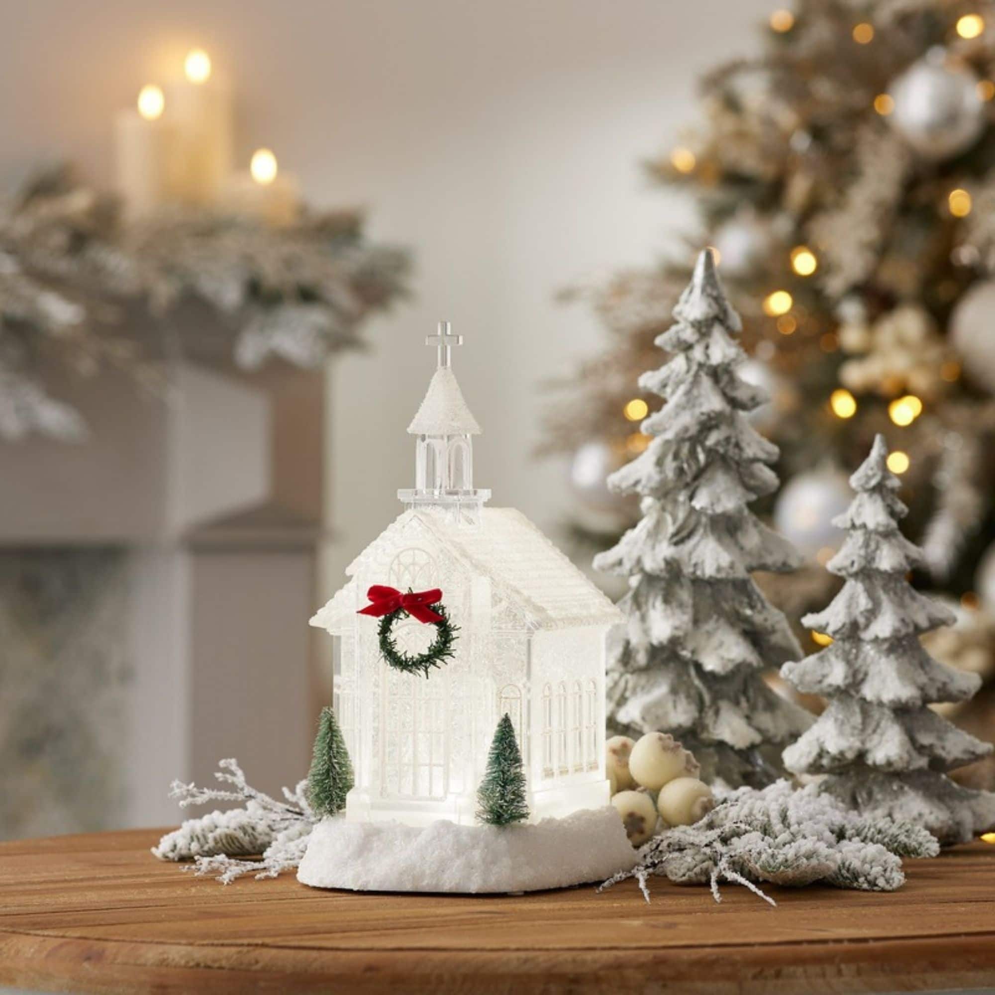 Melrose 10.5" White LED Church Snow Globe with Pine Accents Décor
