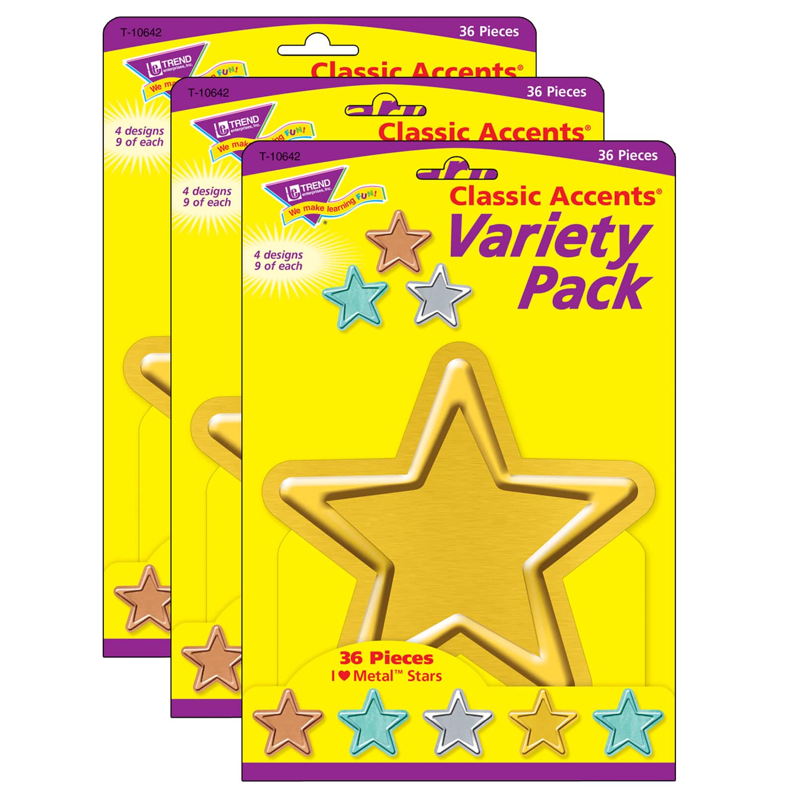 Trend Enterprises® I Heart Metal Stars Classic Accents® Variety Pack, 3 Packs of 36