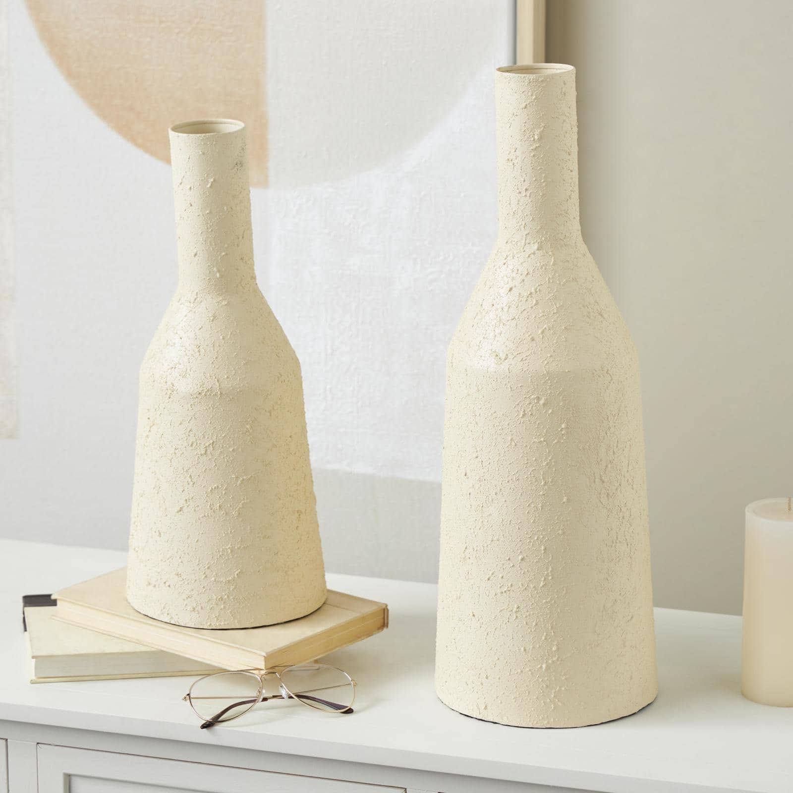 Cream Metal Fluted Distressed Textured Vase Set