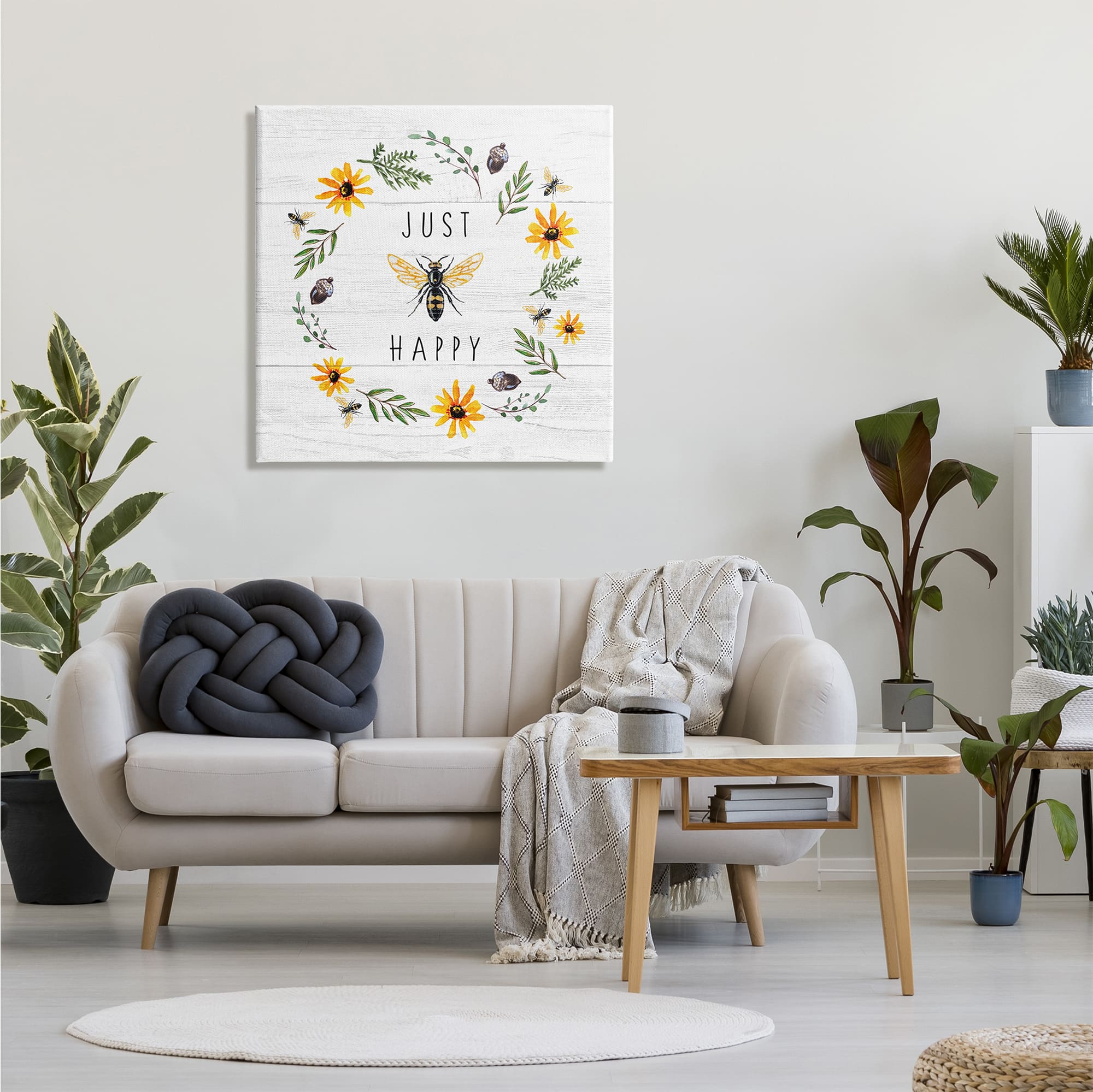 Stupell Industries Just Bee Happy Pun Phrase Yellow Daisy Wreath Canvas Wall Art
